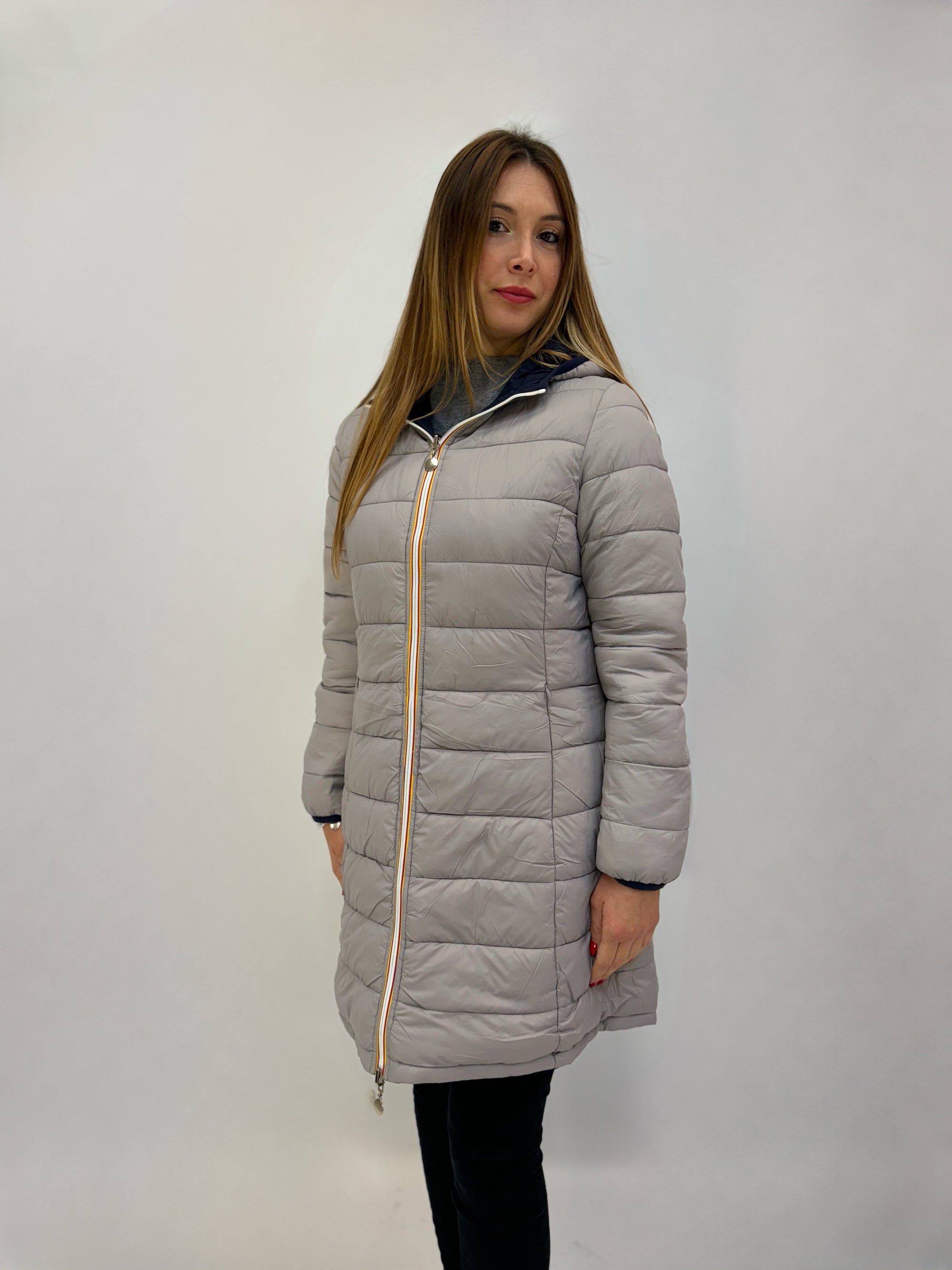 Piumino lungo double face con cappuccio