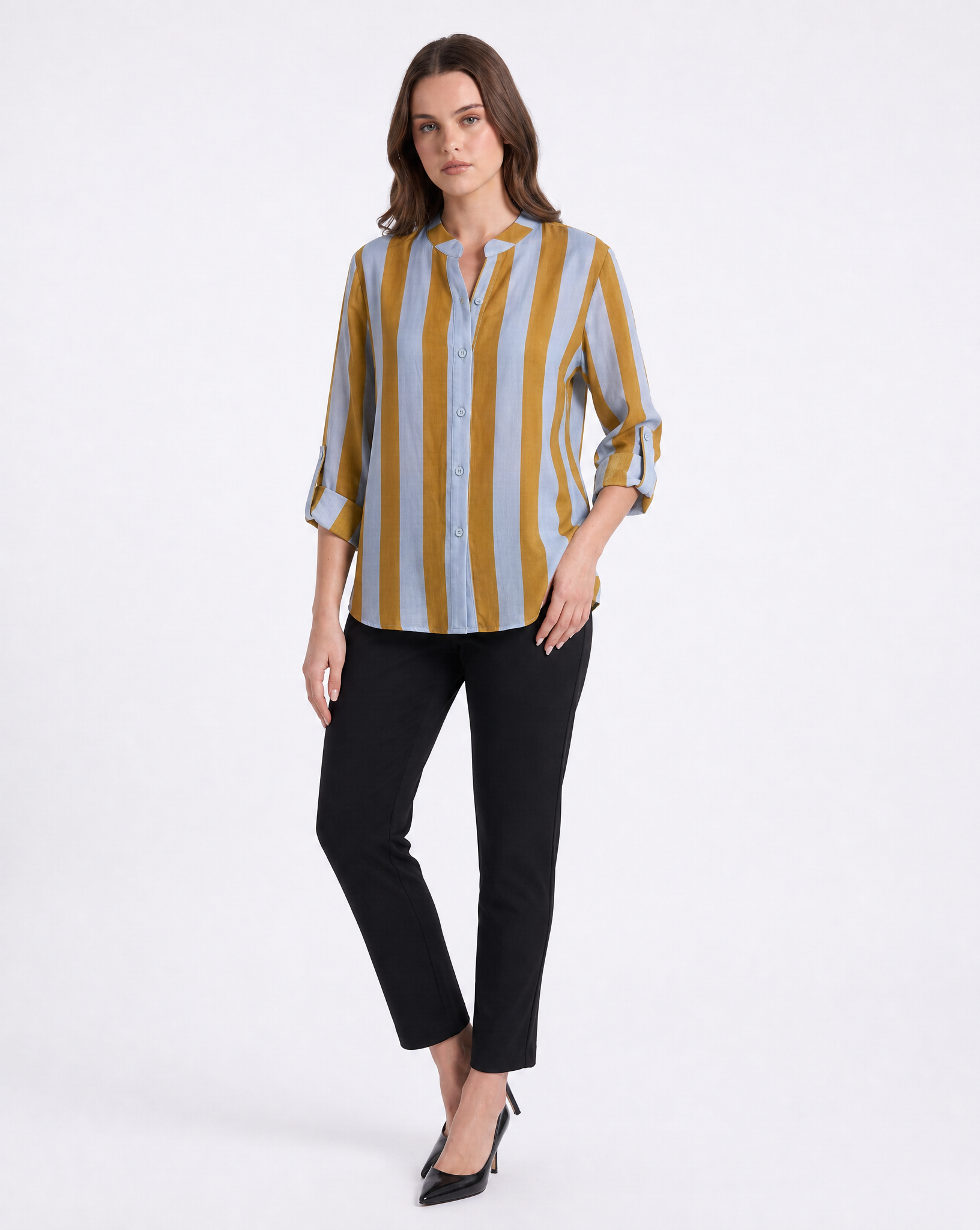 Camicia donna a righe verticali con collo alla coreana