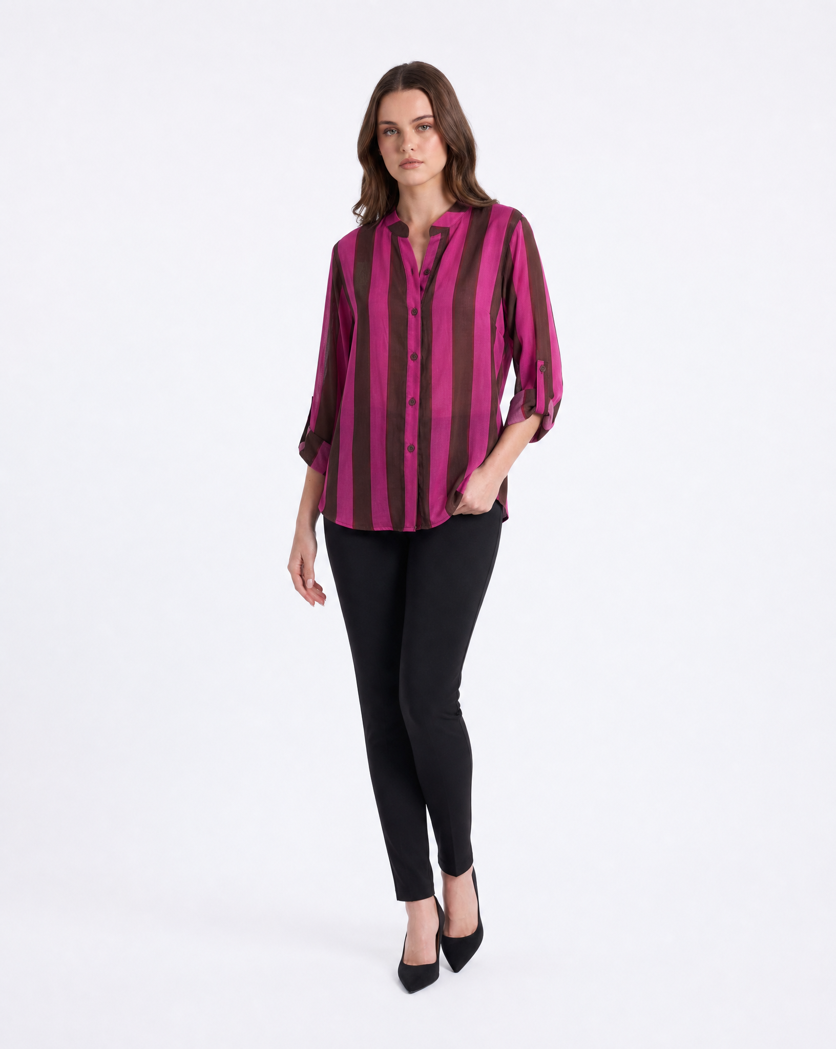 Camicia donna a righe verticali con collo alla coreana