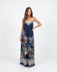 Abito Lungo Donna con Spalline Sottili e Fantasia Tropicale