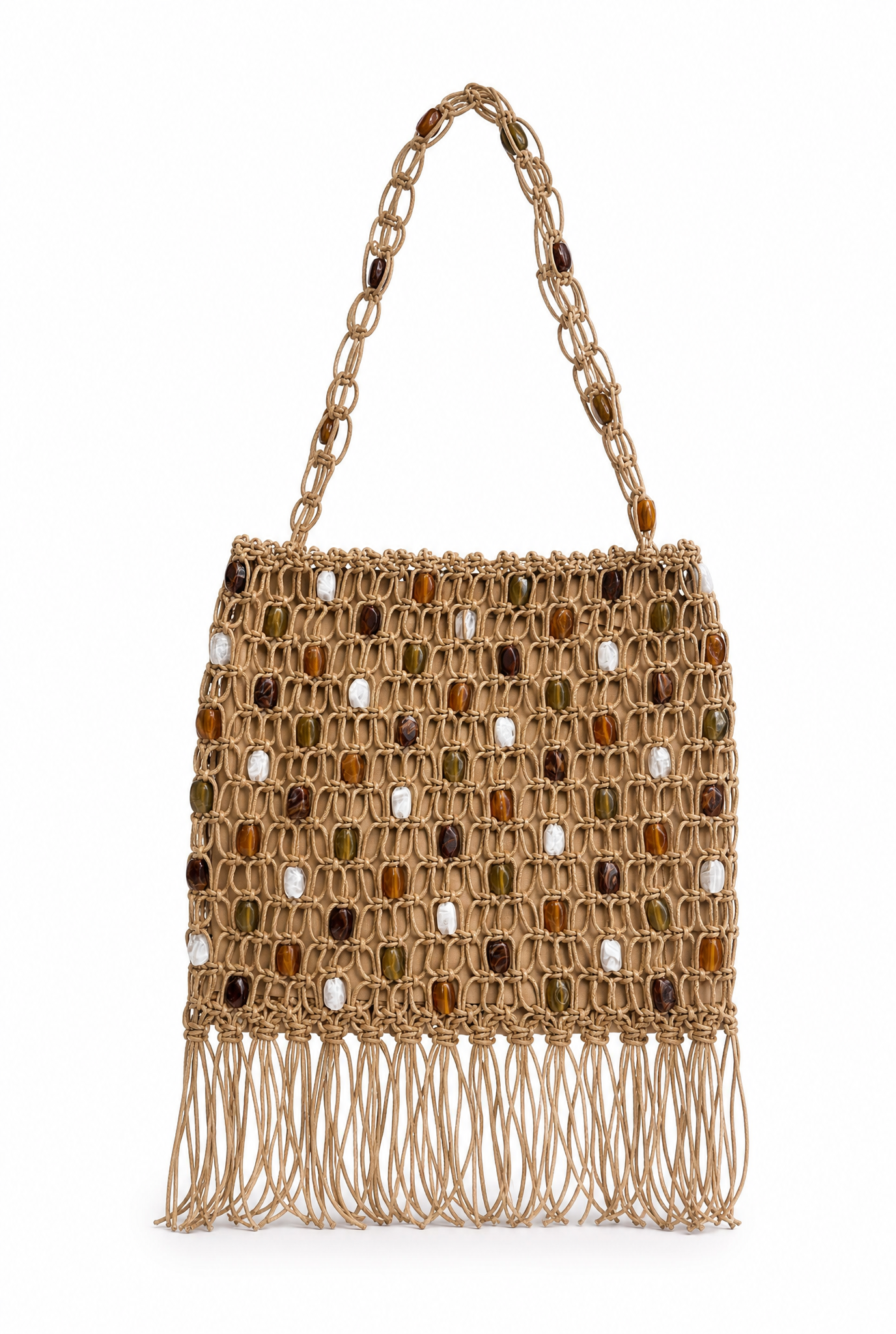 Borsa a Spalla Intrecciata con Perline e Frange