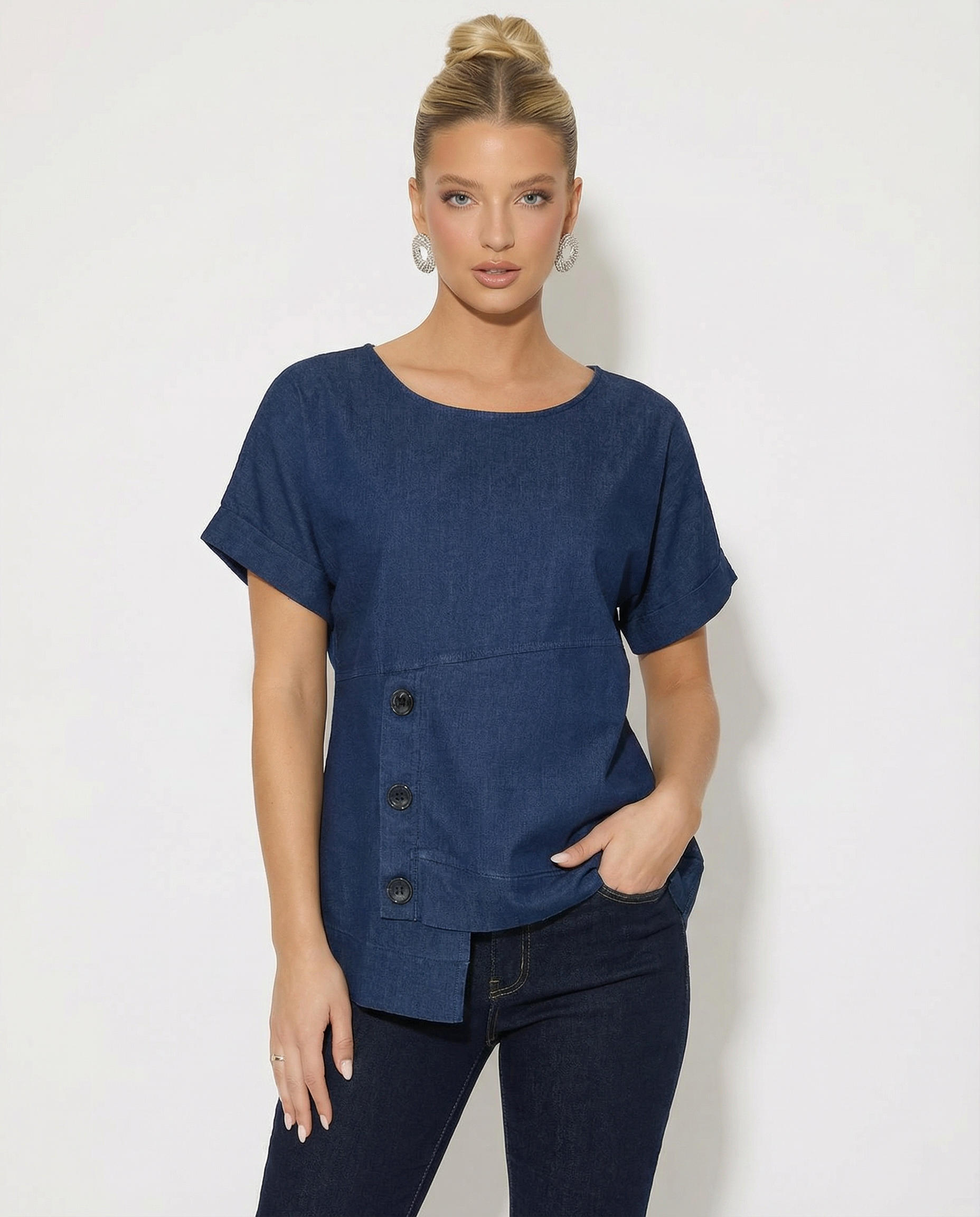 Blusa in denim con bottoni laterali