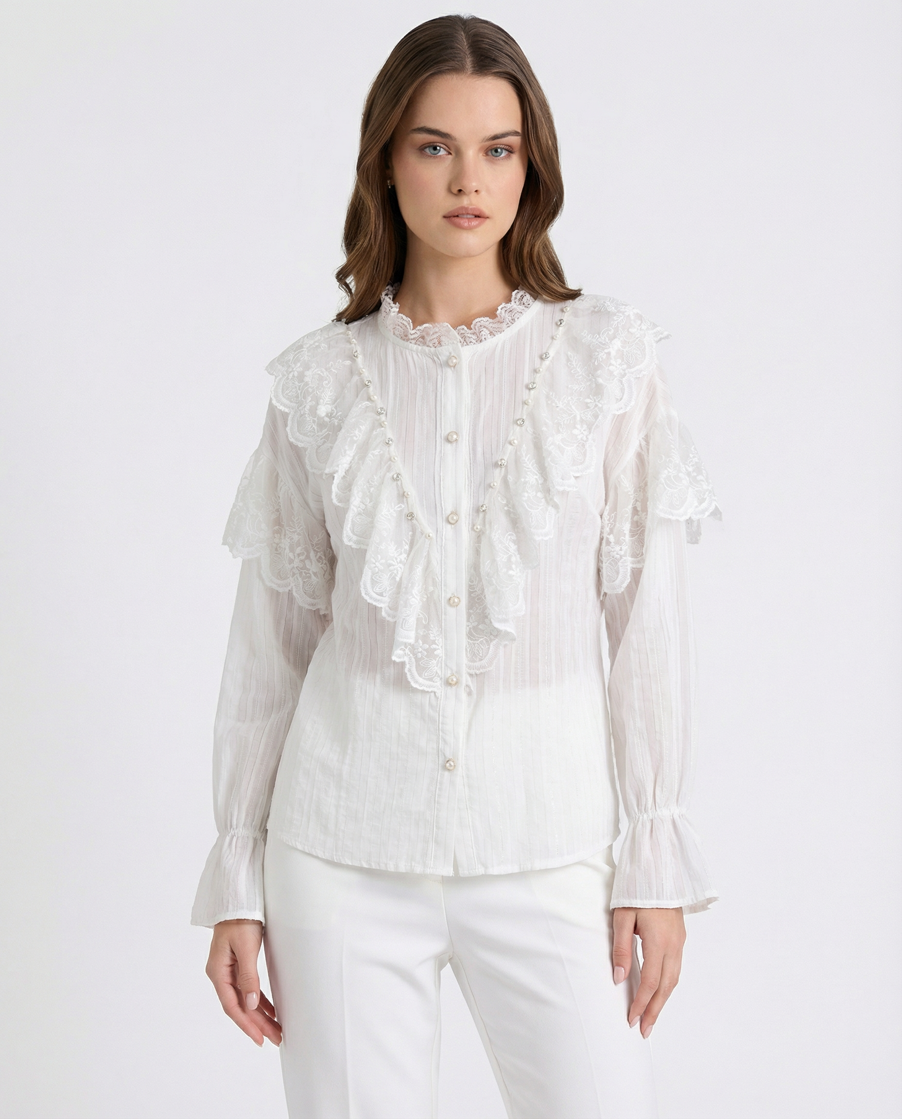 Camicia Elegante con Rouches e Dettagli in Pizzo