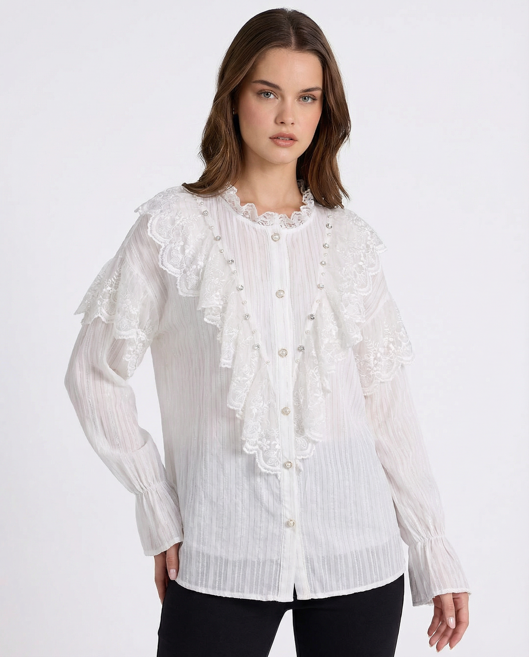 Camicia Elegante con Rouches e Dettagli in Pizzo