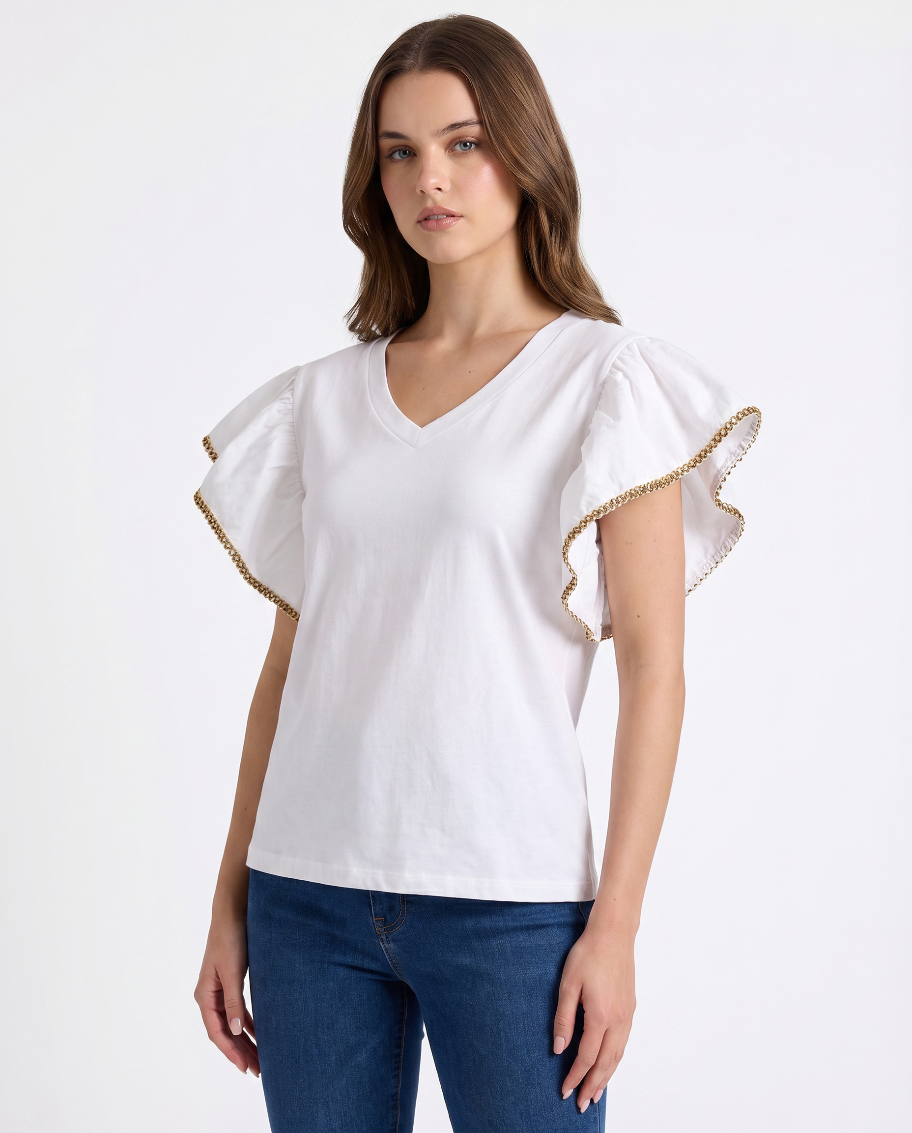 T-shirt in cotone con maniche a volant