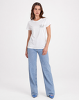 T-shirt con scritta "non andare, rimani"