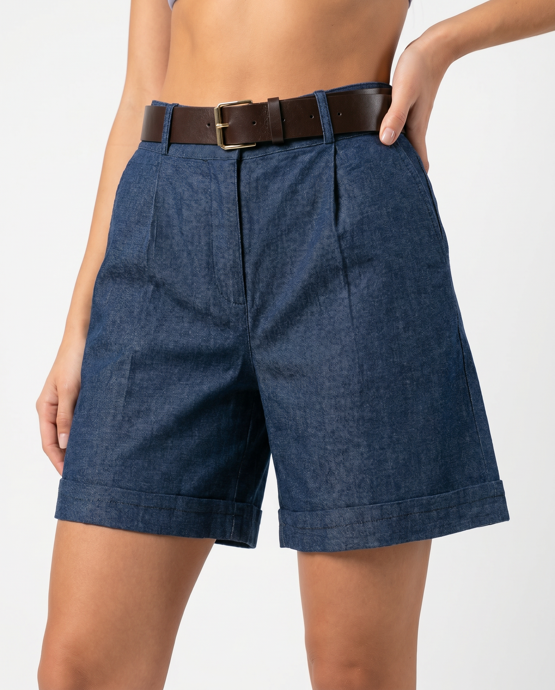 Shorts Donna Vita Alta con Risvolto e Tasche