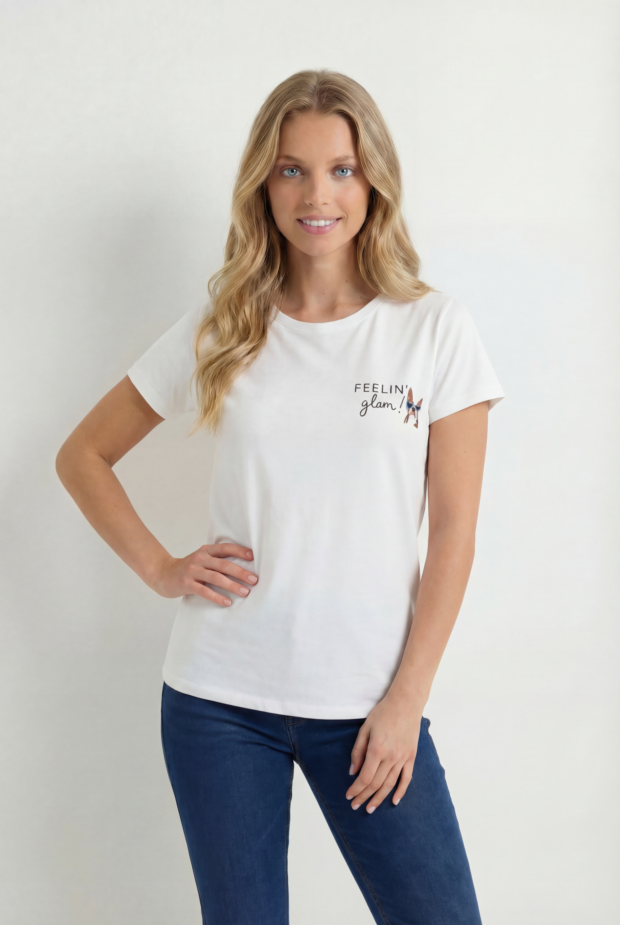 T-shirt in cotone con scritta "feeling glam!"