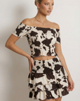 Completo Donna Top Off-Shoulder e Gonna Balze Effetto Cow