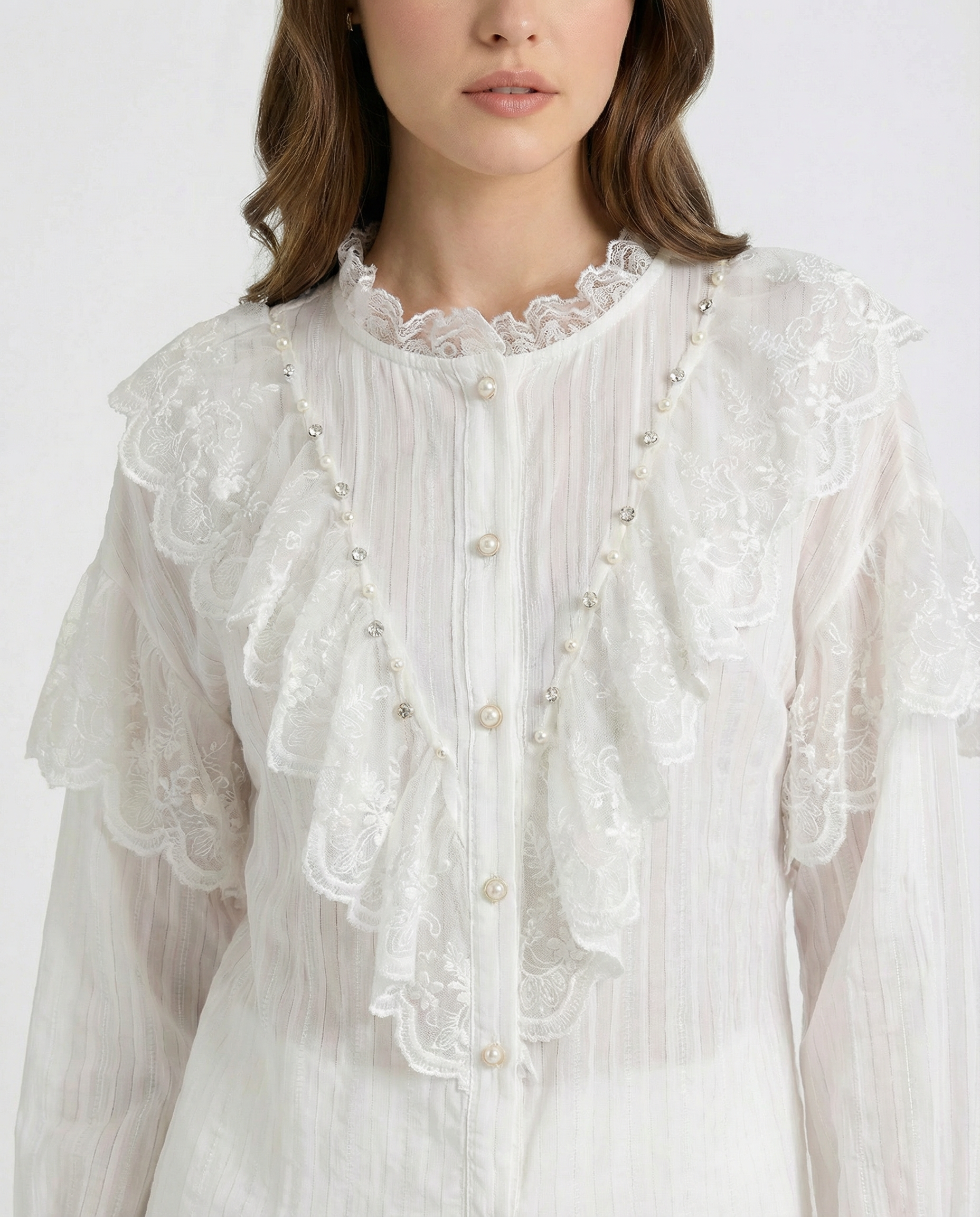 Camicia Elegante con Rouches e Dettagli in Pizzo