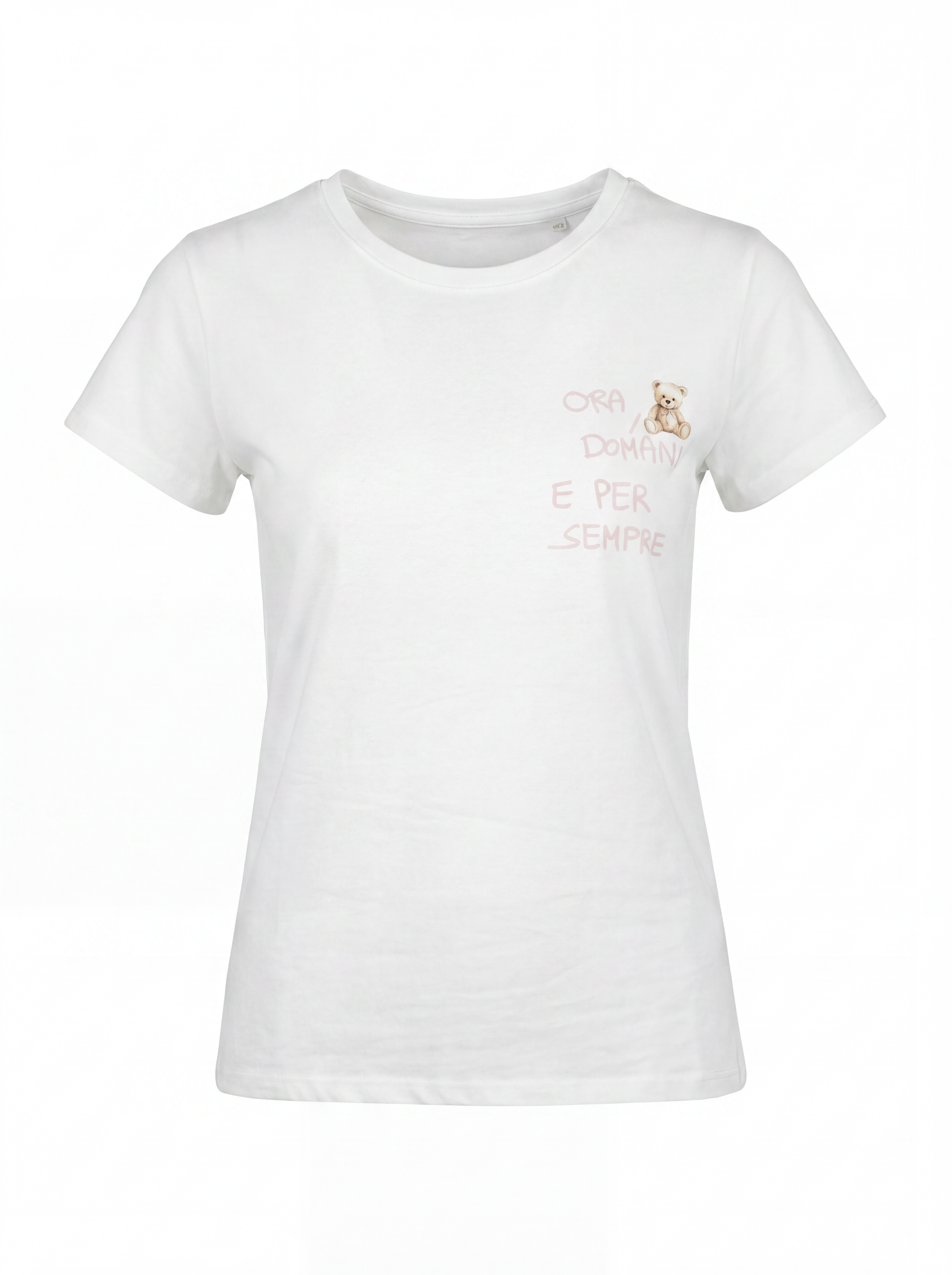 T-shirt con scritta "ora domani e per sempre"
