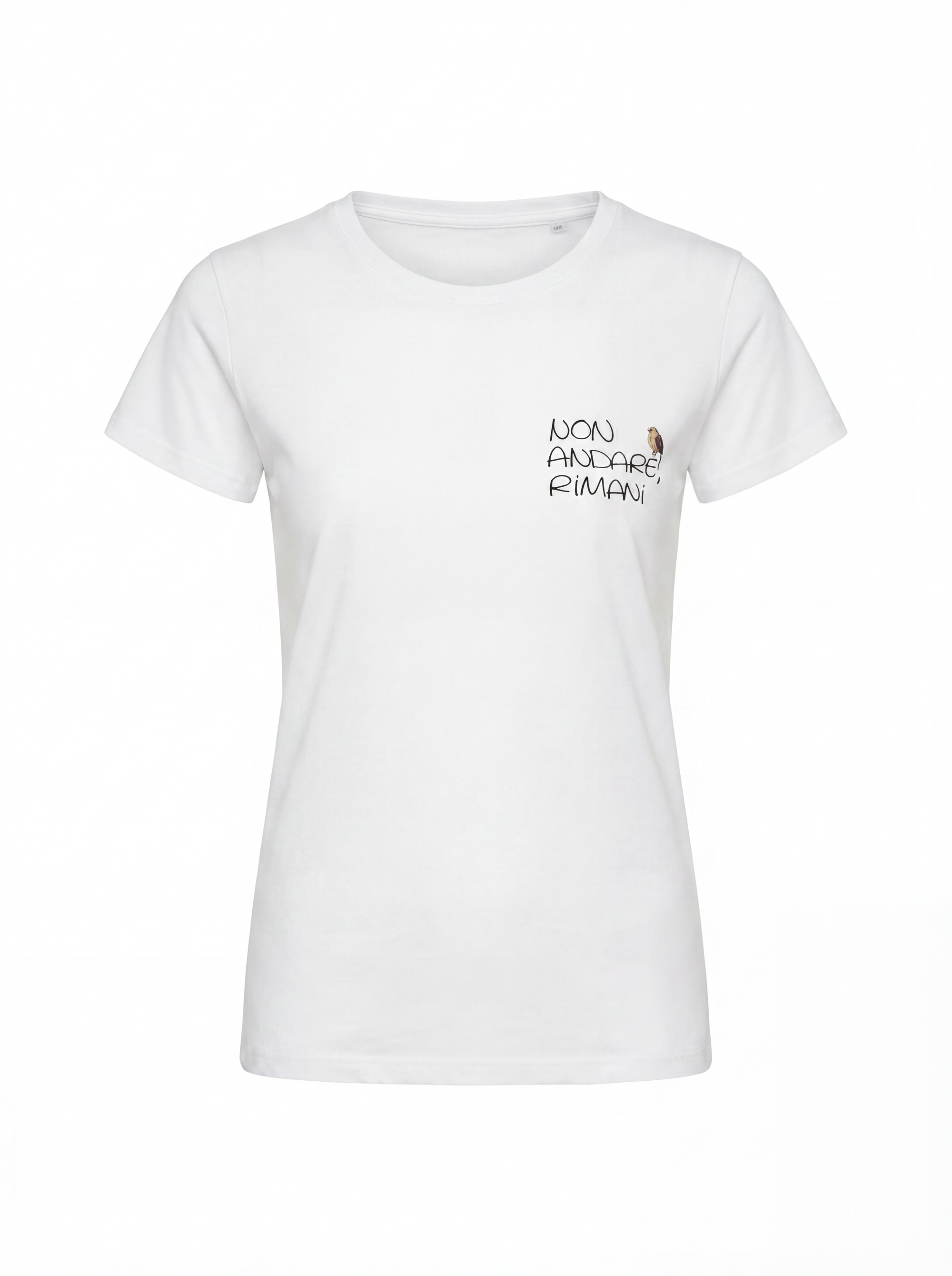 T-shirt con scritta "non andare, rimani"