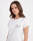 T-shirt con scritta "non andare, rimani"