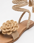 Sandali Flat con Fiore Crochet e Lacci alla Caviglia