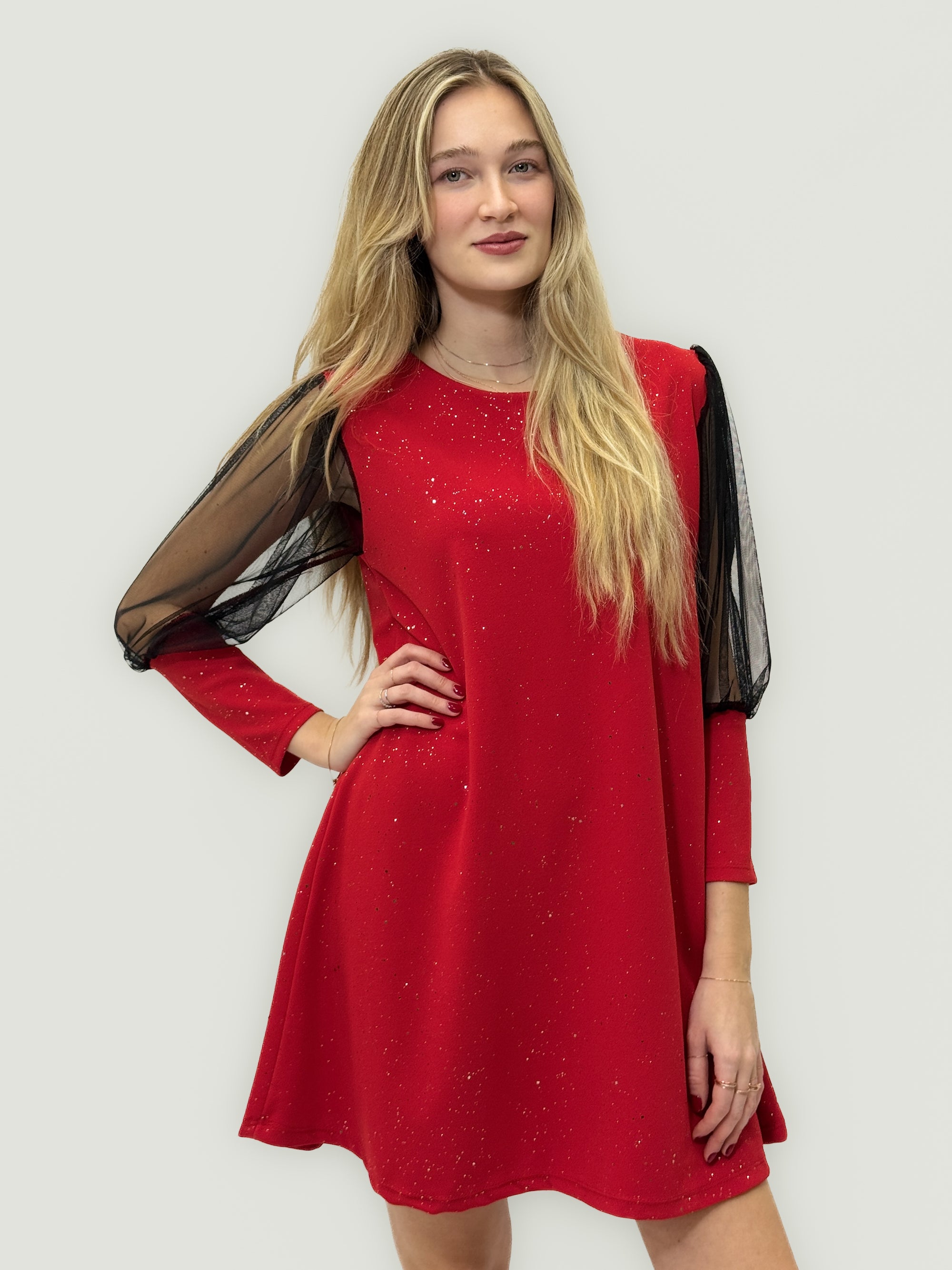 Abito Brillante con Maniche in Tulle Nero