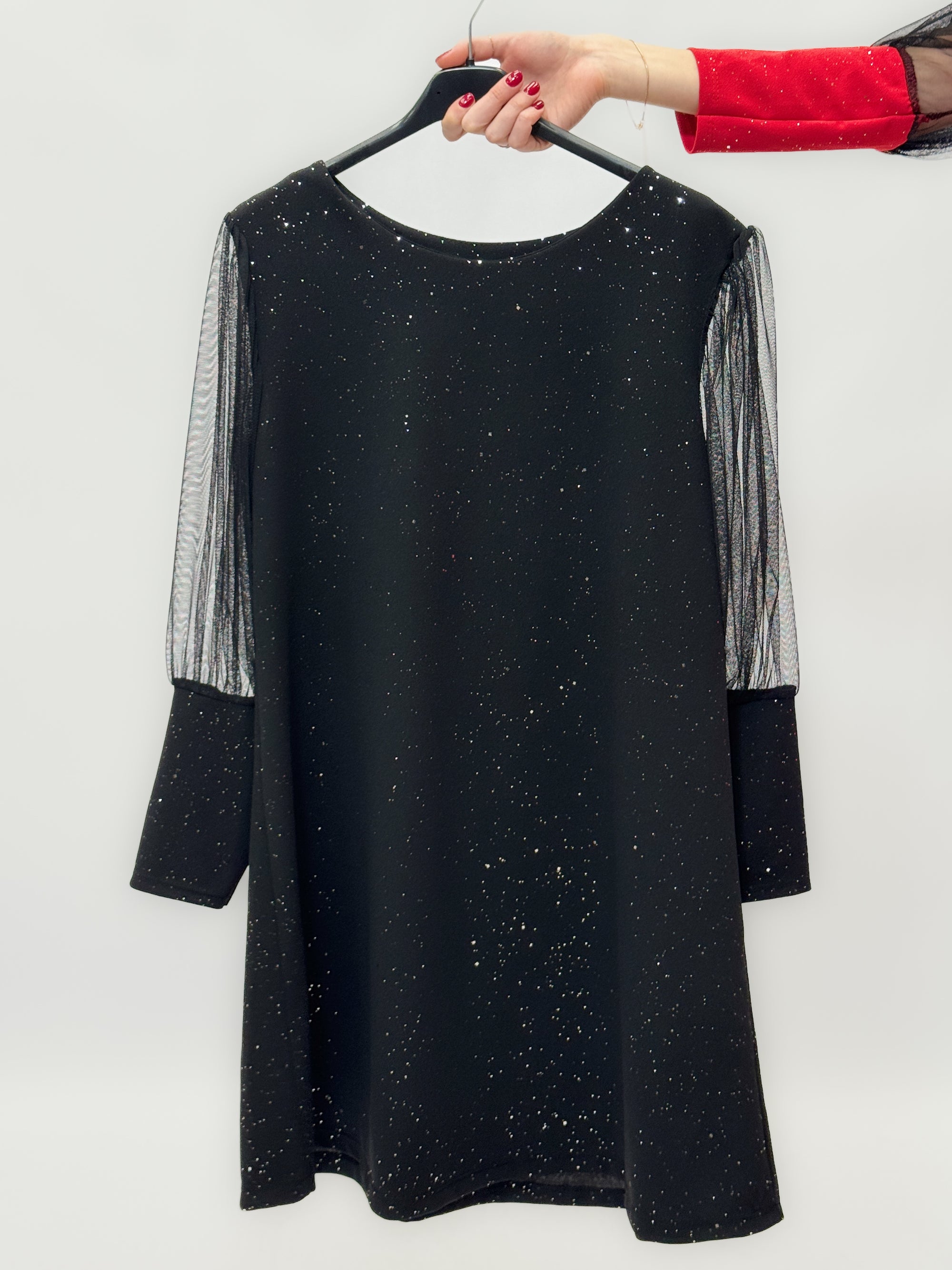 Abito Brillante con Maniche in Tulle Nero