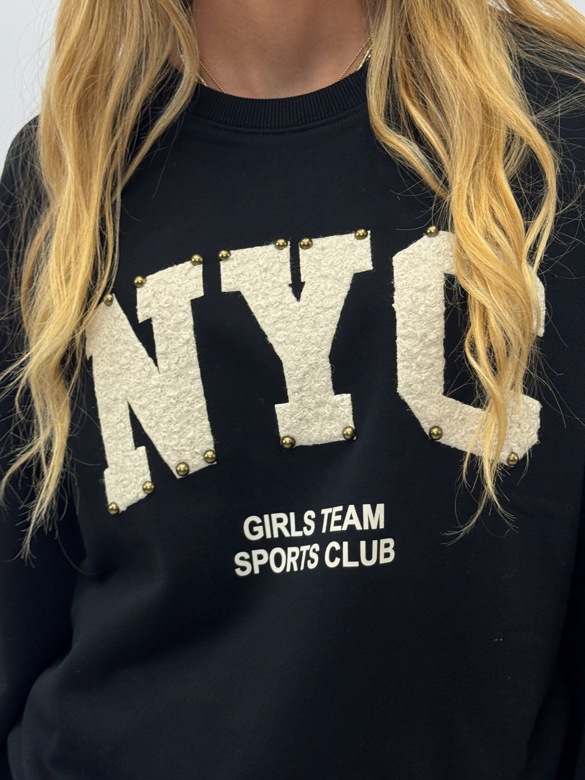 Felpa donna NYC con applicazione teddy e borchie
