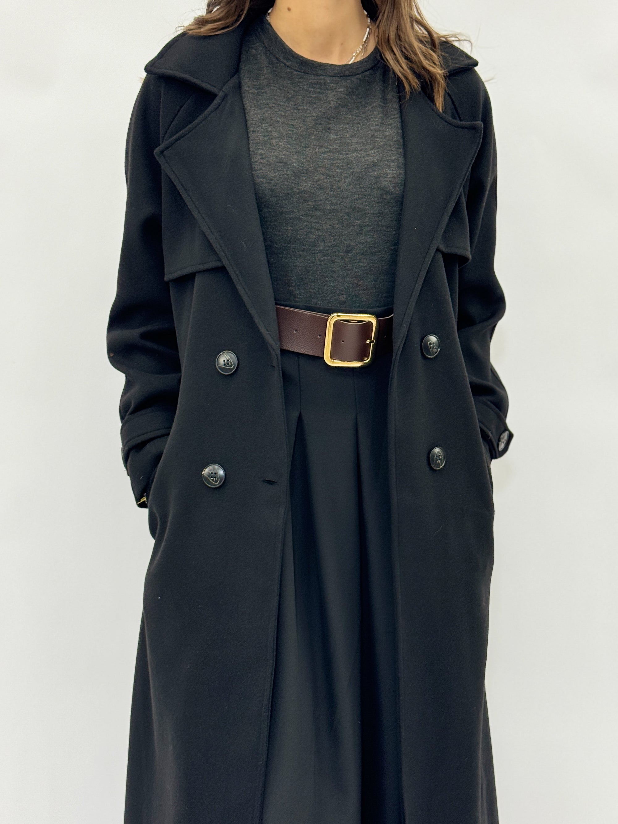 Cappotto lungo doppiopetto con cintura