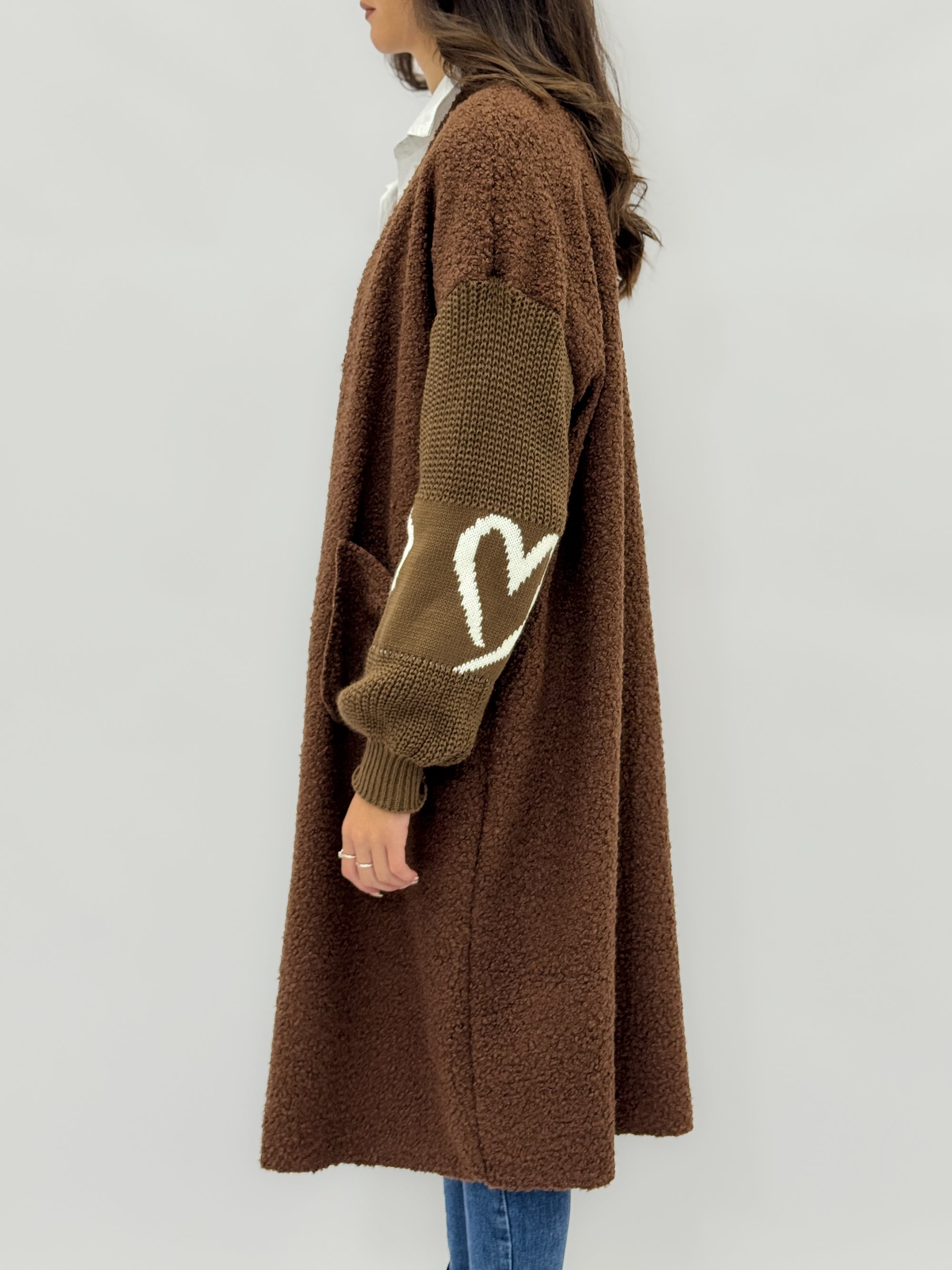 Cardigan lungo in teddy e maglia