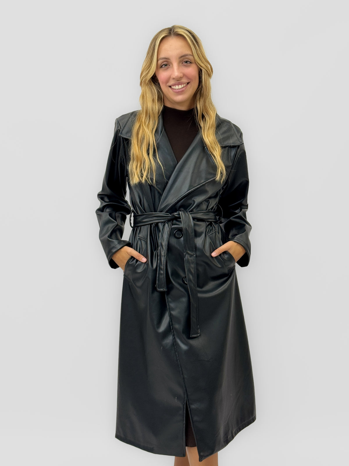 Trench Lungo Effetto Pelle con Cintura Made in Italy