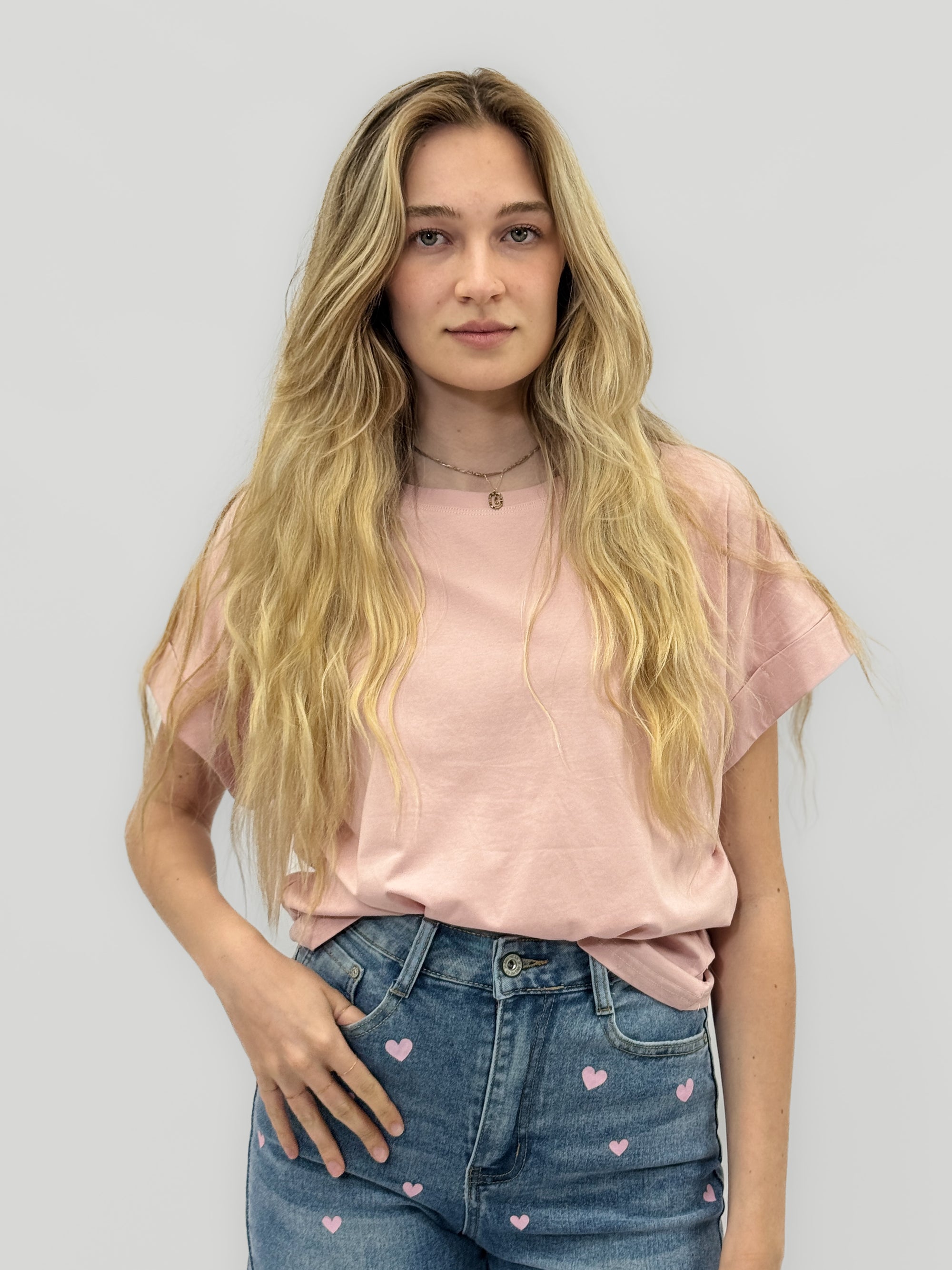 T-shirt basic in cotone con manica risvoltata