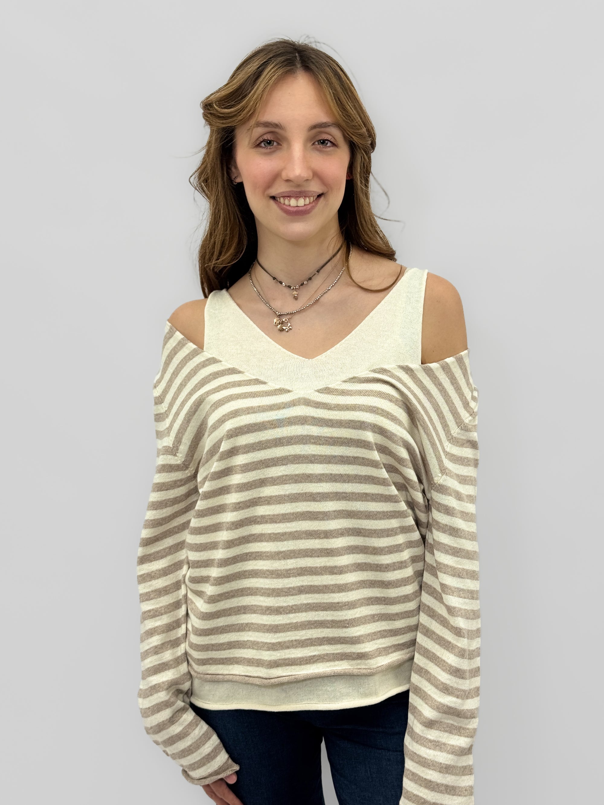 Maglia Donna a Righe con Scollo a V e Spalle Scoperte