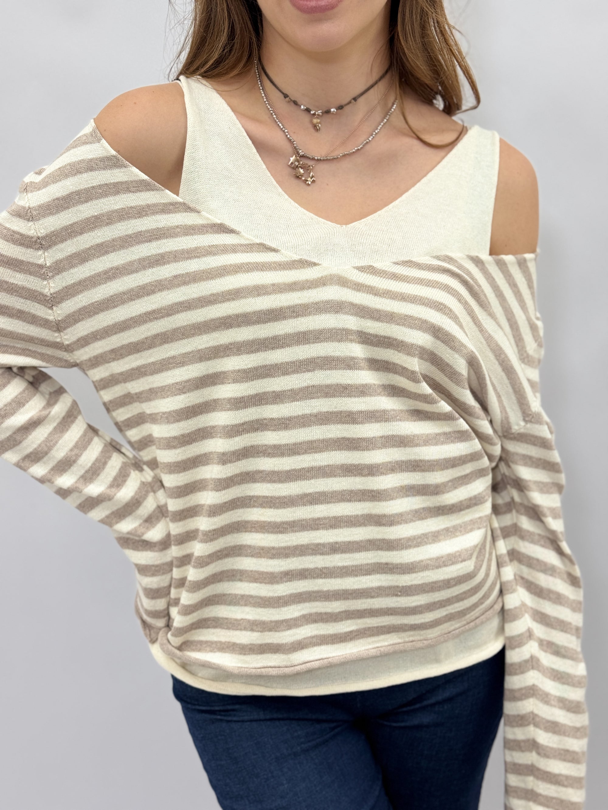 Maglia Donna a Righe con Scollo a V e Spalle Scoperte