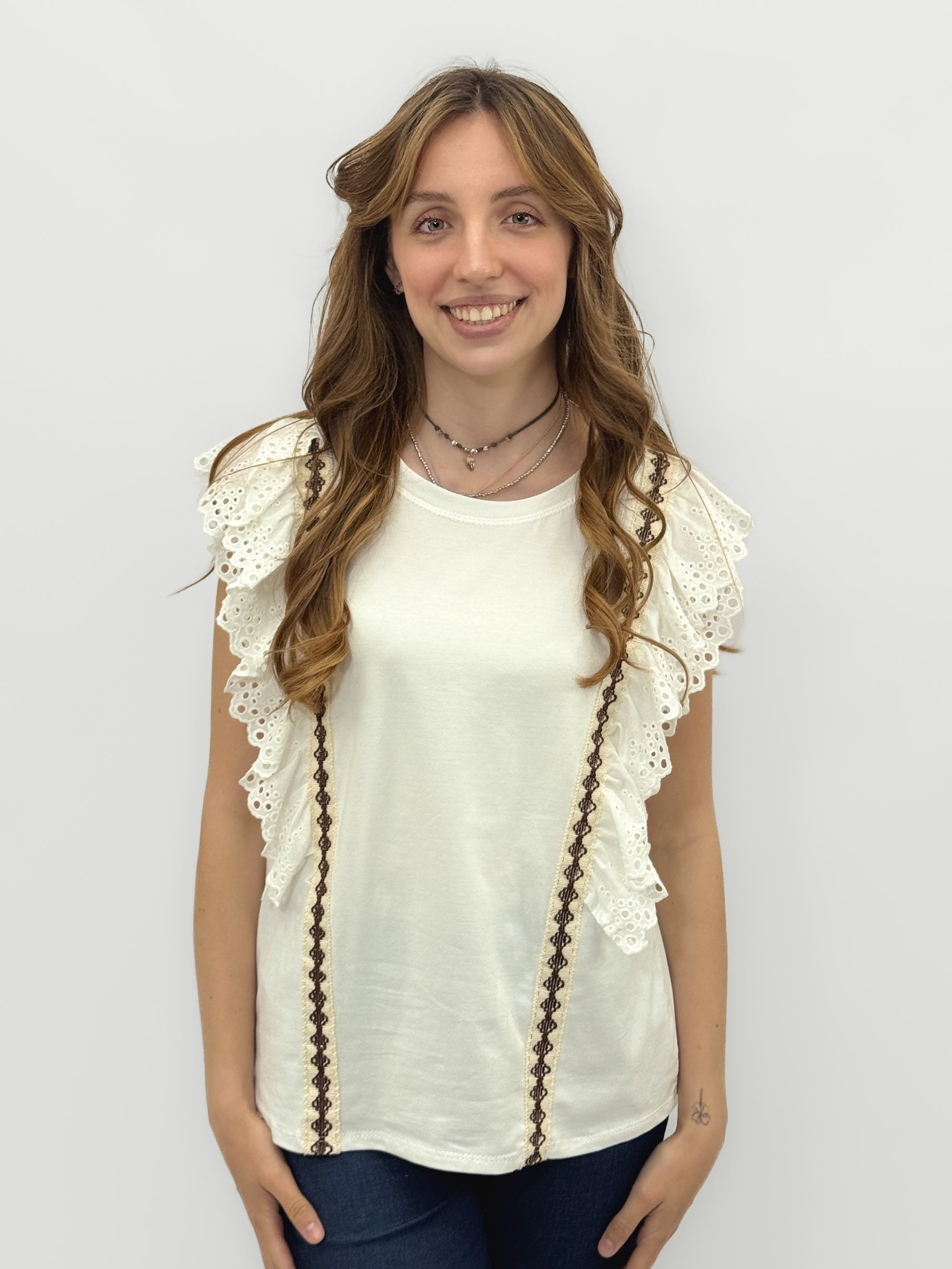 T-shirt Donna in Cotone con Volant Sangallo