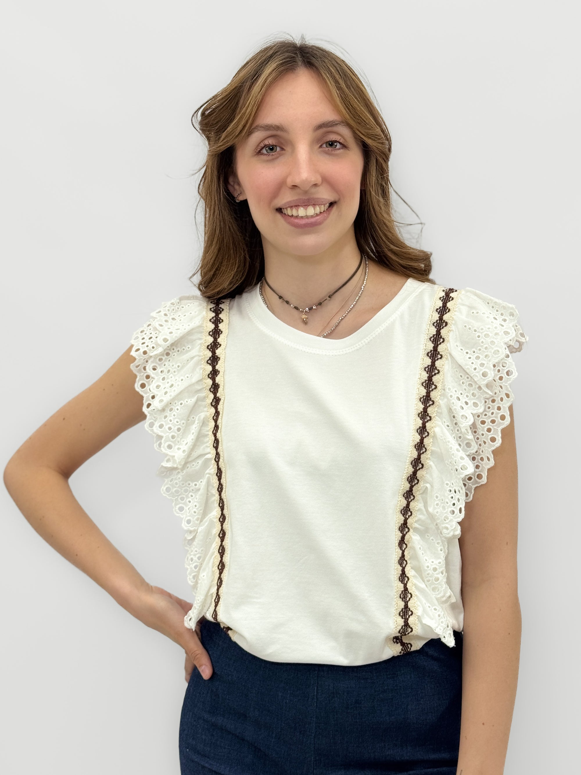 T-shirt Donna in Cotone con Volant Sangallo