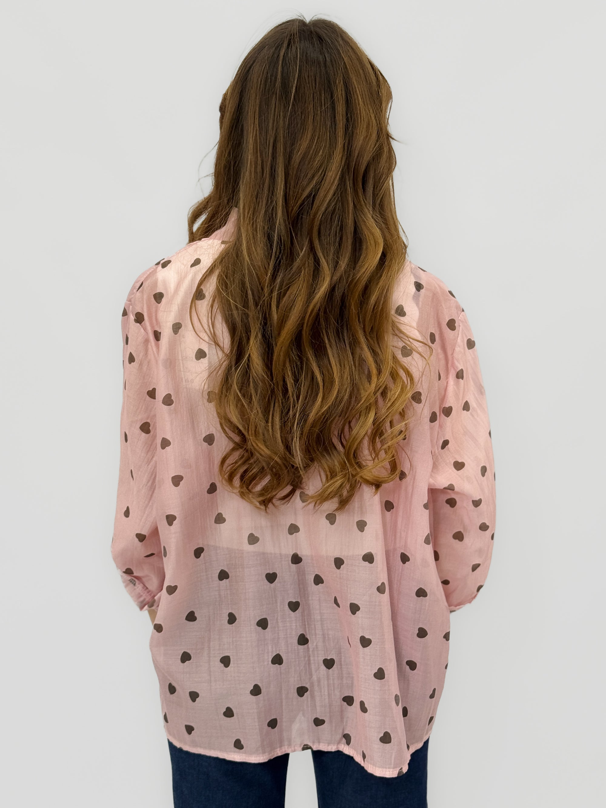 Camicia Donna con Stampa Cuori e Maniche Risvoltate