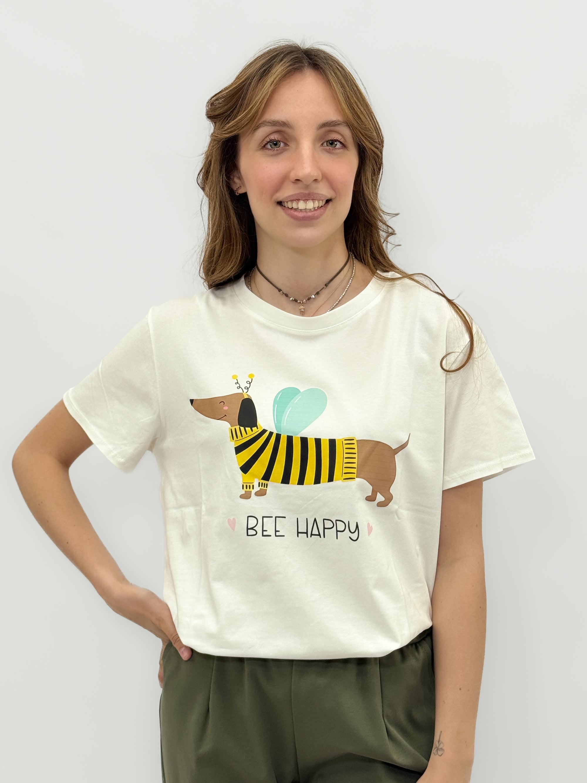 T-shirt Donna in Cotone con Stampa Cagnolino “Bee Happy”