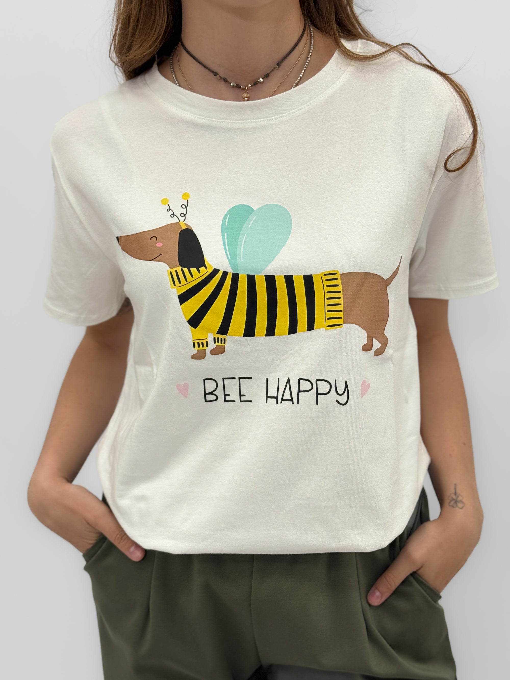 T-shirt Donna in Cotone con Stampa Cagnolino “Bee Happy”