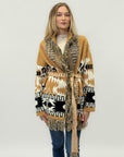 Cardigan Donna Fantasia Geometrica con Frange e Cintura
