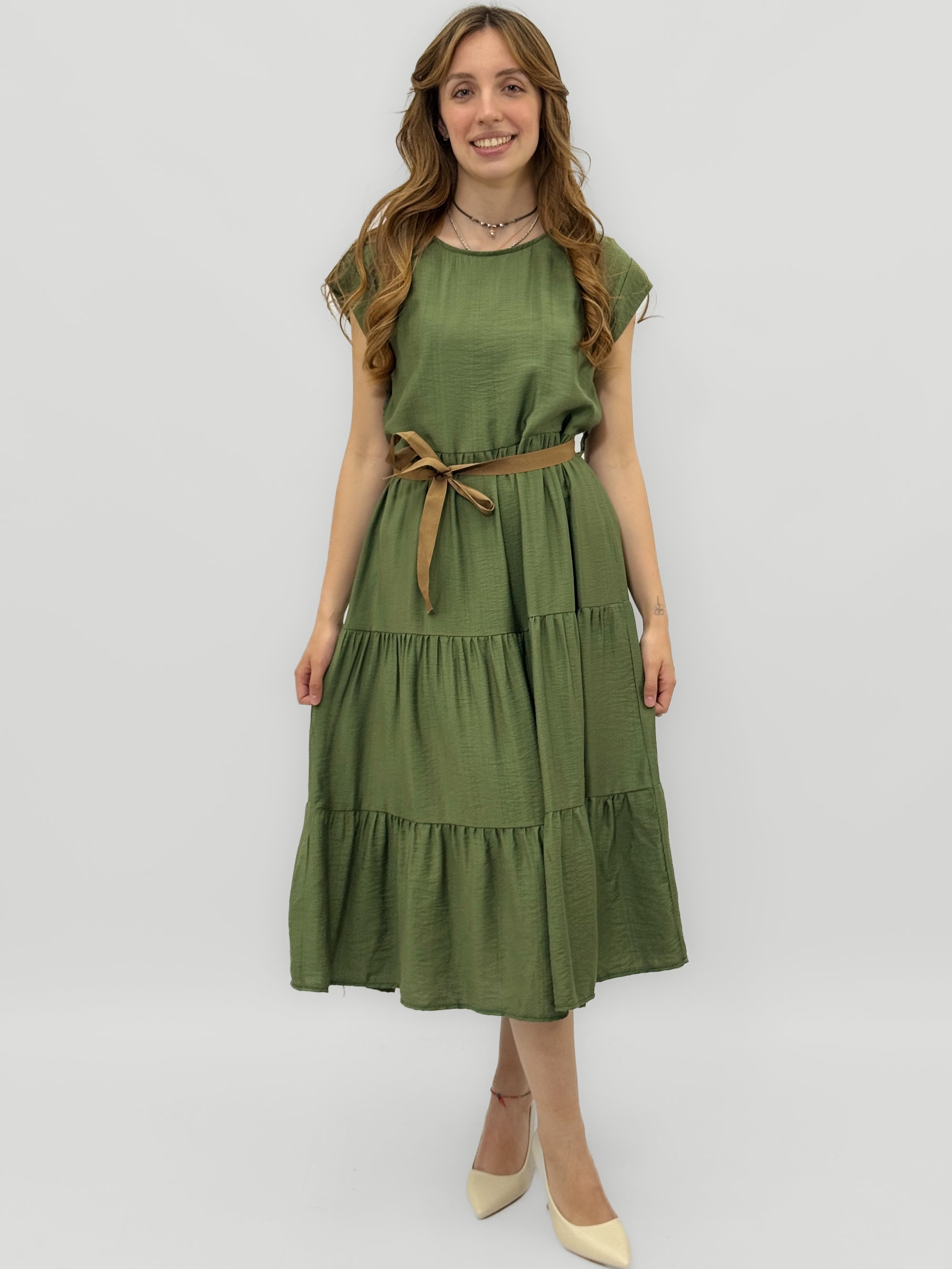 Abito Donna Midi con Cintura e Balze