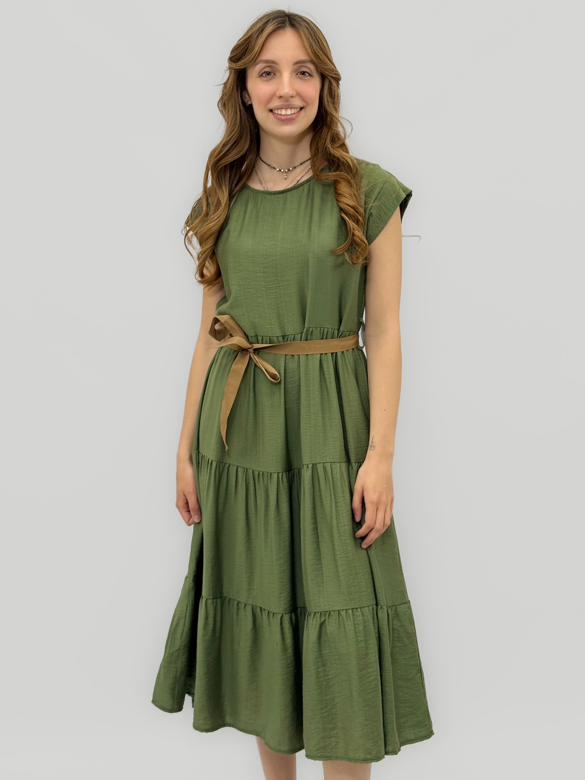 Abito Donna Midi con Cintura e Balze