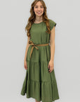 Abito Donna Midi con Cintura e Balze