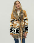 Cardigan Donna Fantasia Geometrica con Frange e Cintura