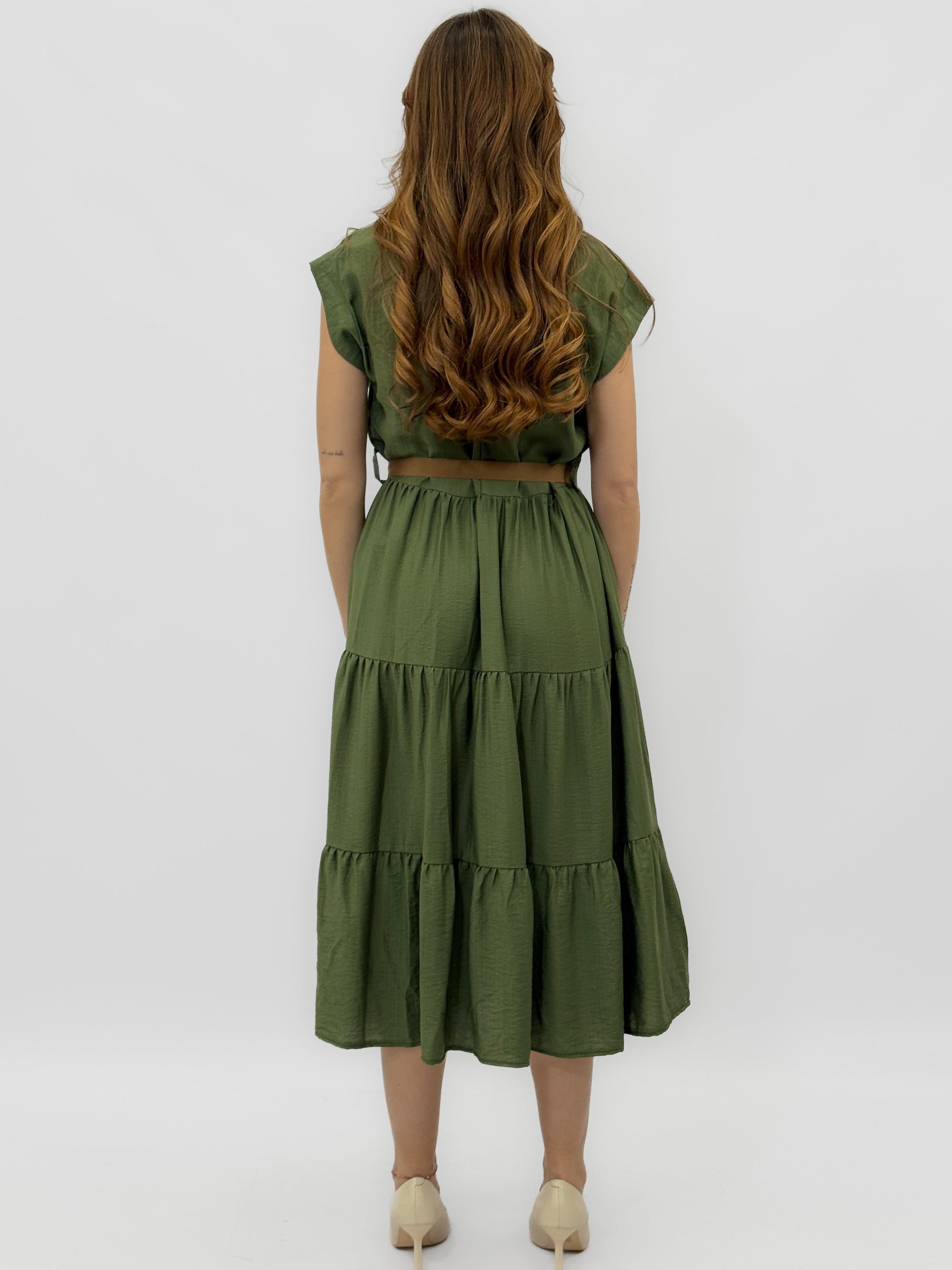 Abito Donna Midi con Cintura e Balze