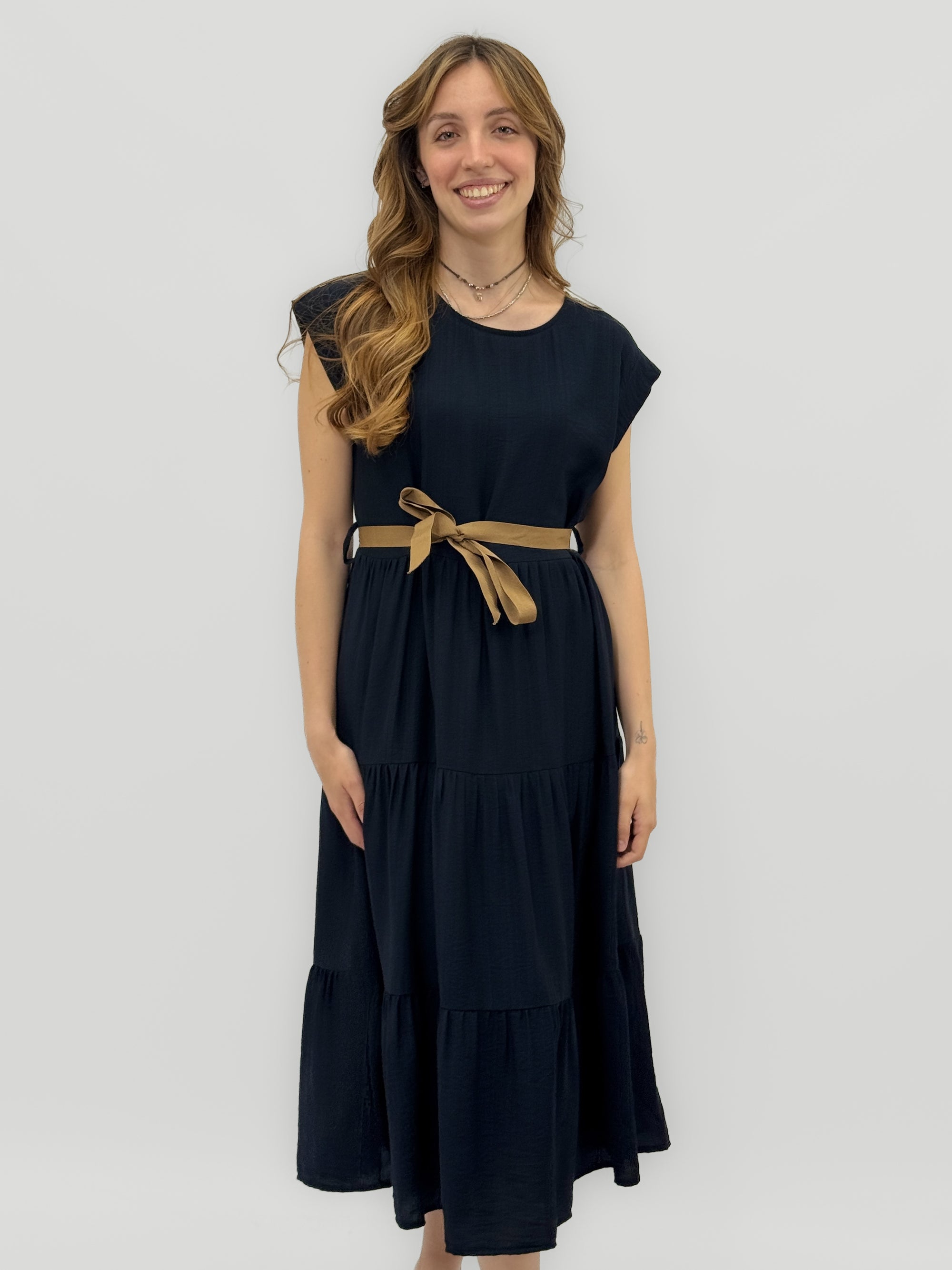 Abito Donna Midi con Cintura e Balze