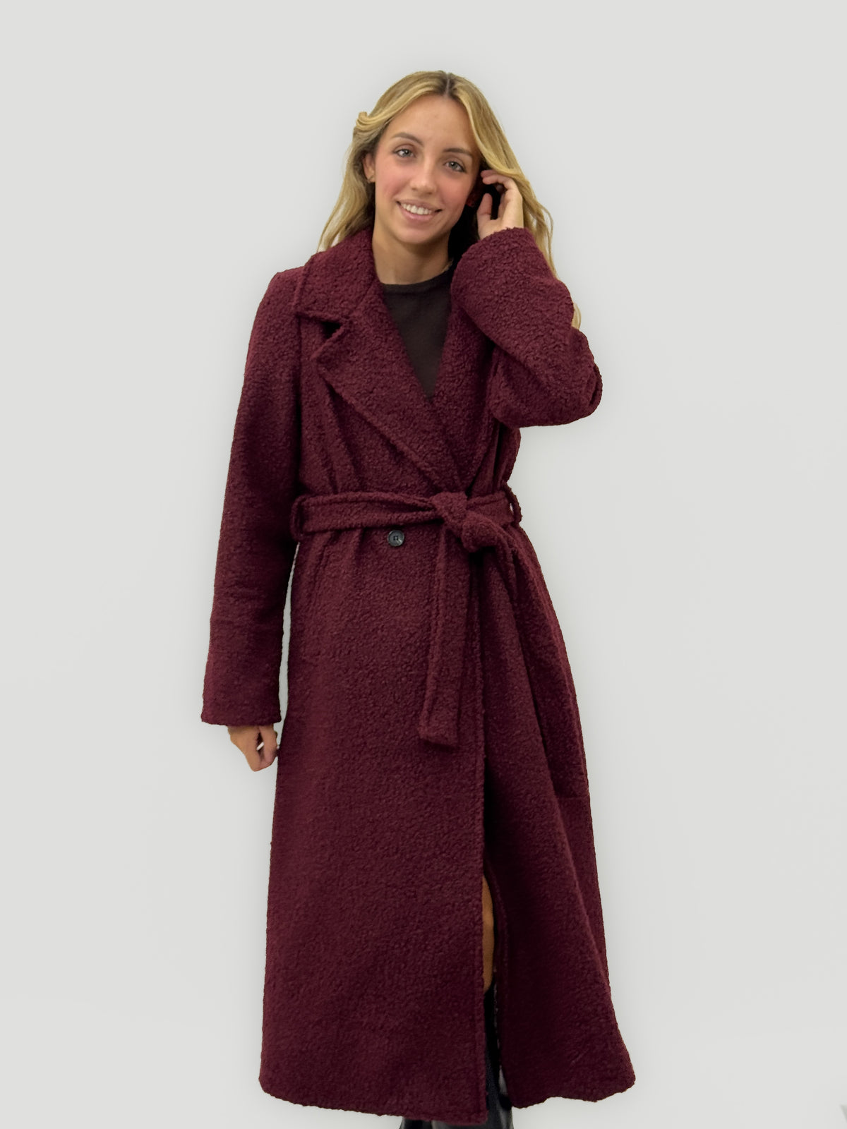 Cappotto bouclé con cintura in misto lana