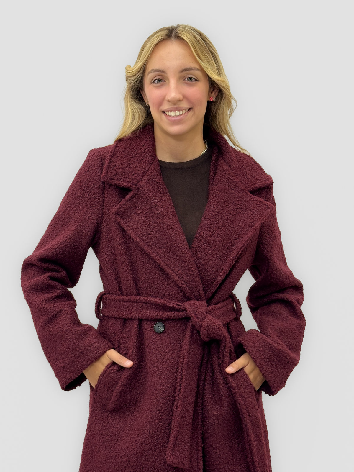 Cappotto bouclé con cintura in misto lana