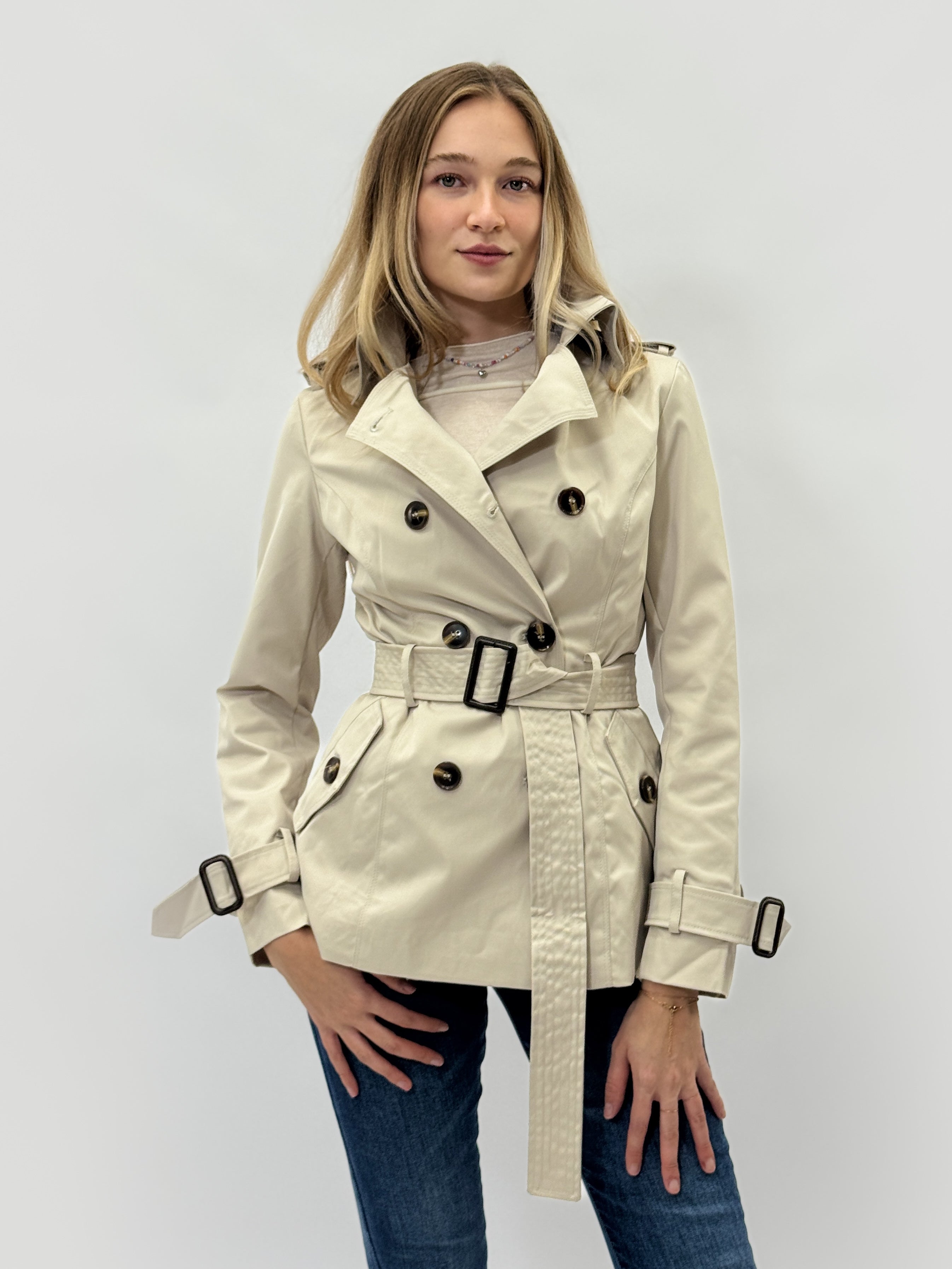 Trench Corto Donna In Cotone, Doppiopetto Slim Con Cintura, Per Primavera/autunno