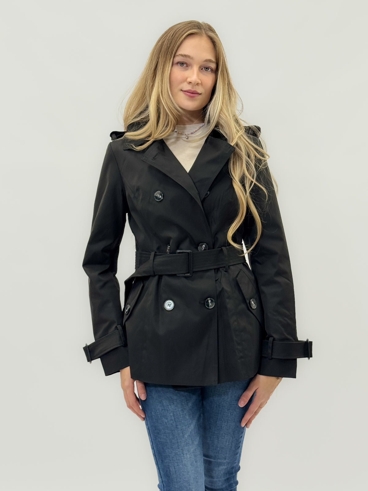 Trench Corto Donna In Cotone, Doppiopetto Slim Con Cintura, Per Primavera/autunno