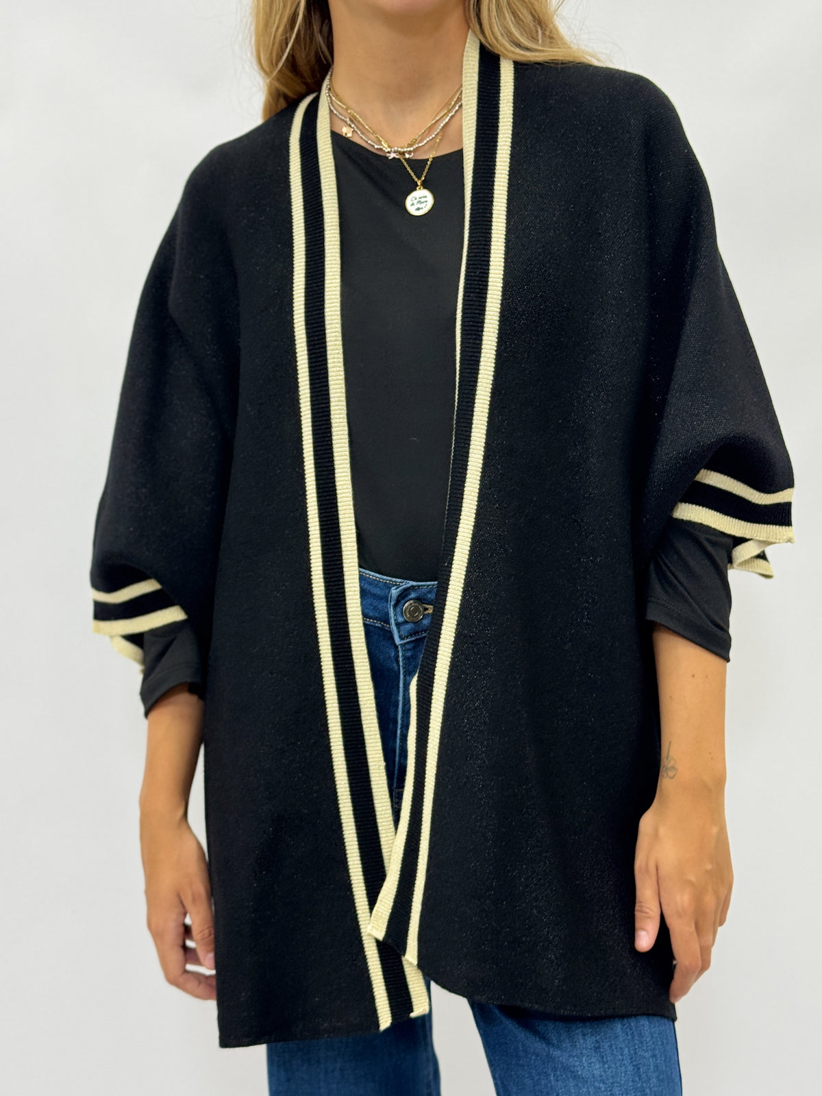 Cardigan Donna Oversize con Profili a Contrasto
