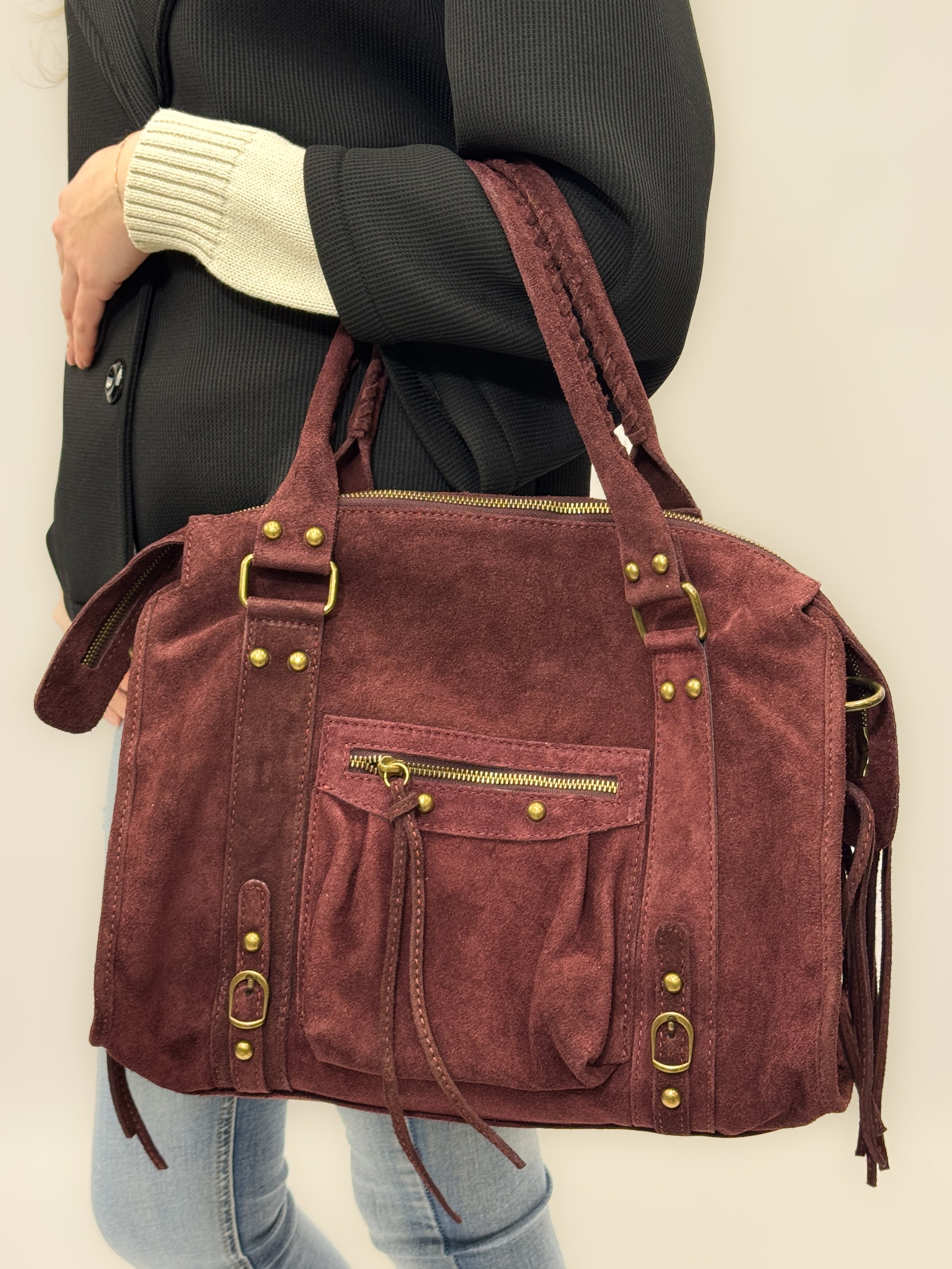 Borsa in vera pelle scamosciata color cuoio – Made in Italy