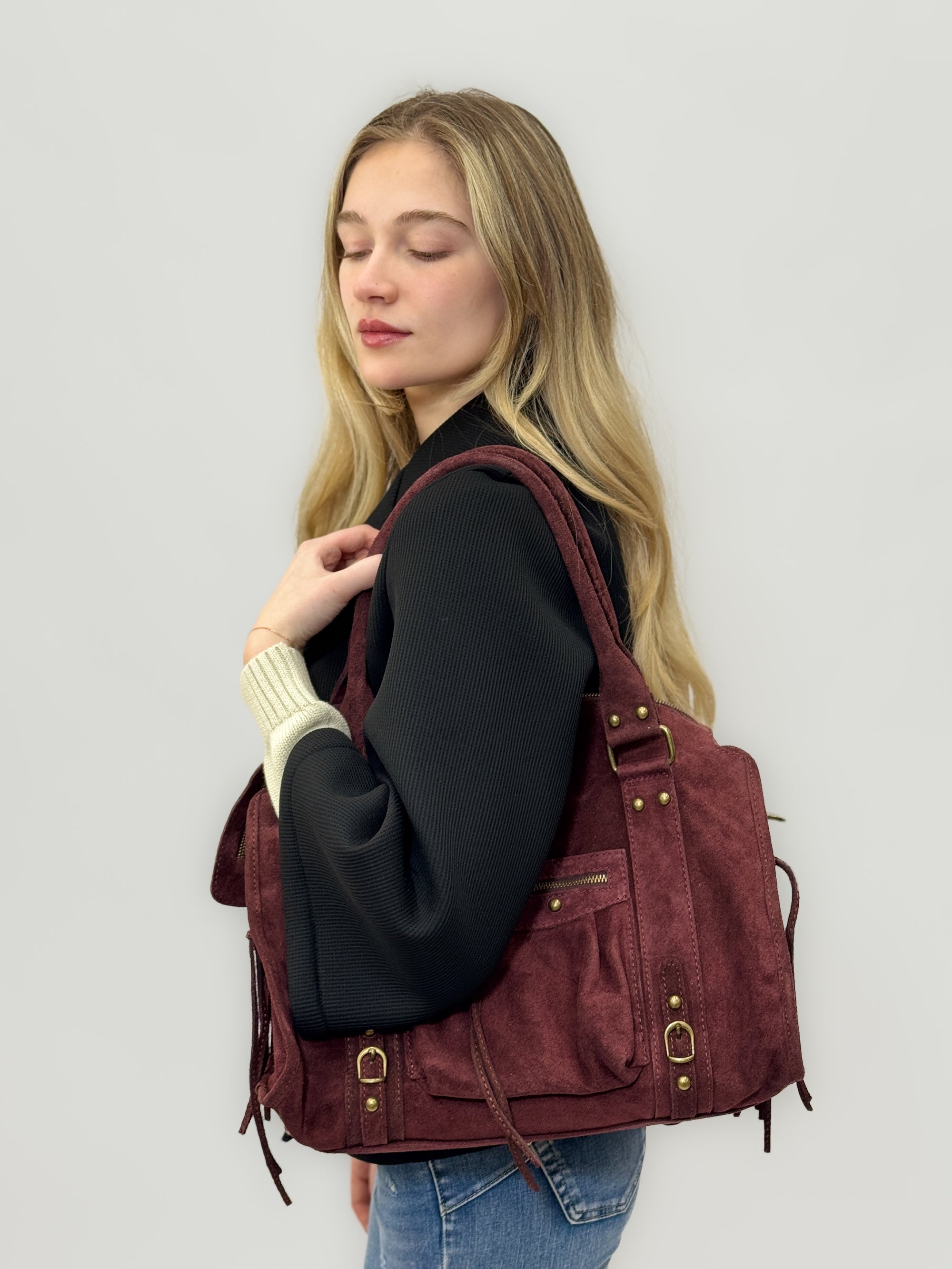 Borsa in vera pelle scamosciata color cuoio – Made in Italy