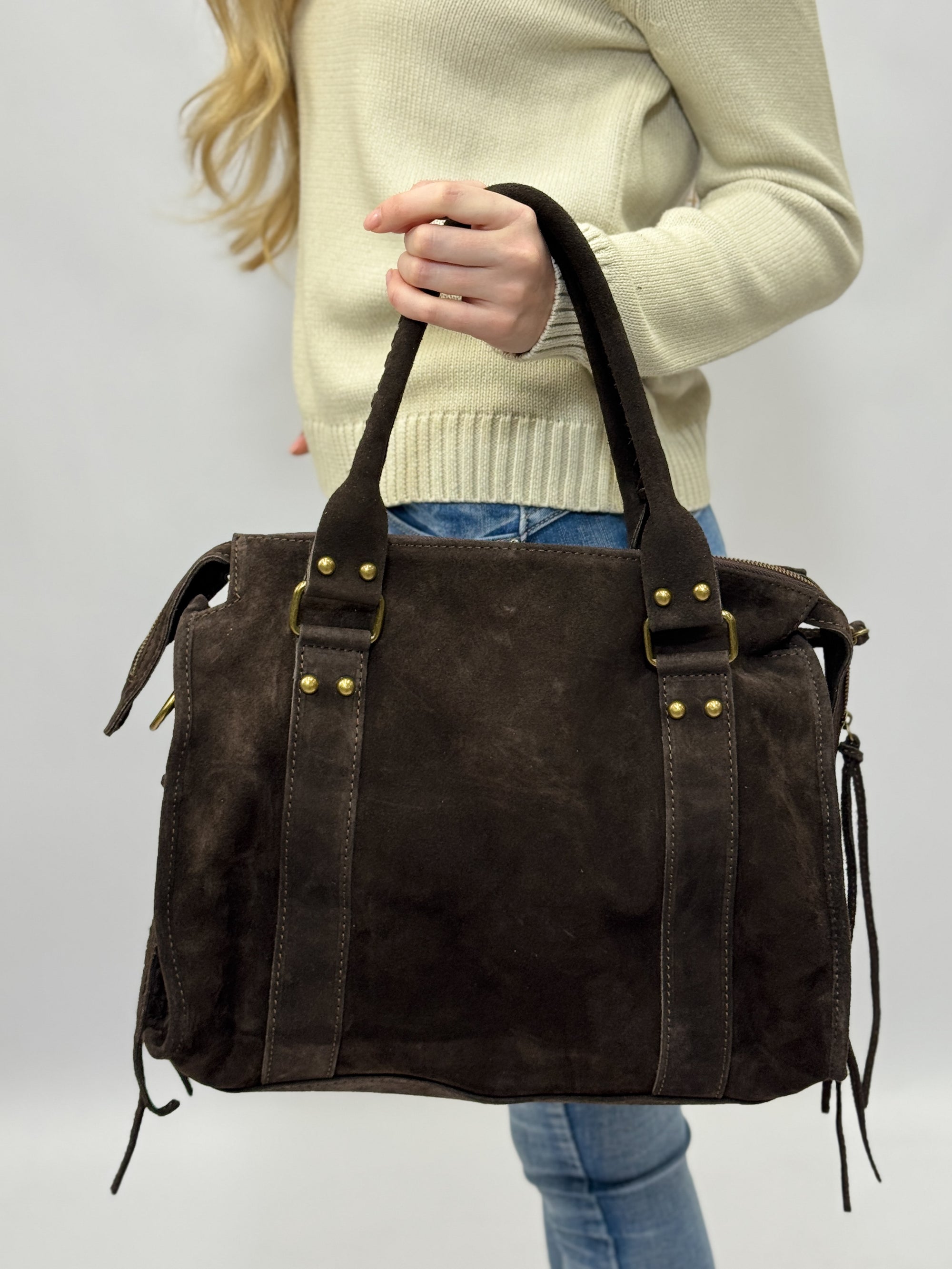 Borsa in vera pelle scamosciata color cuoio – Made in Italy