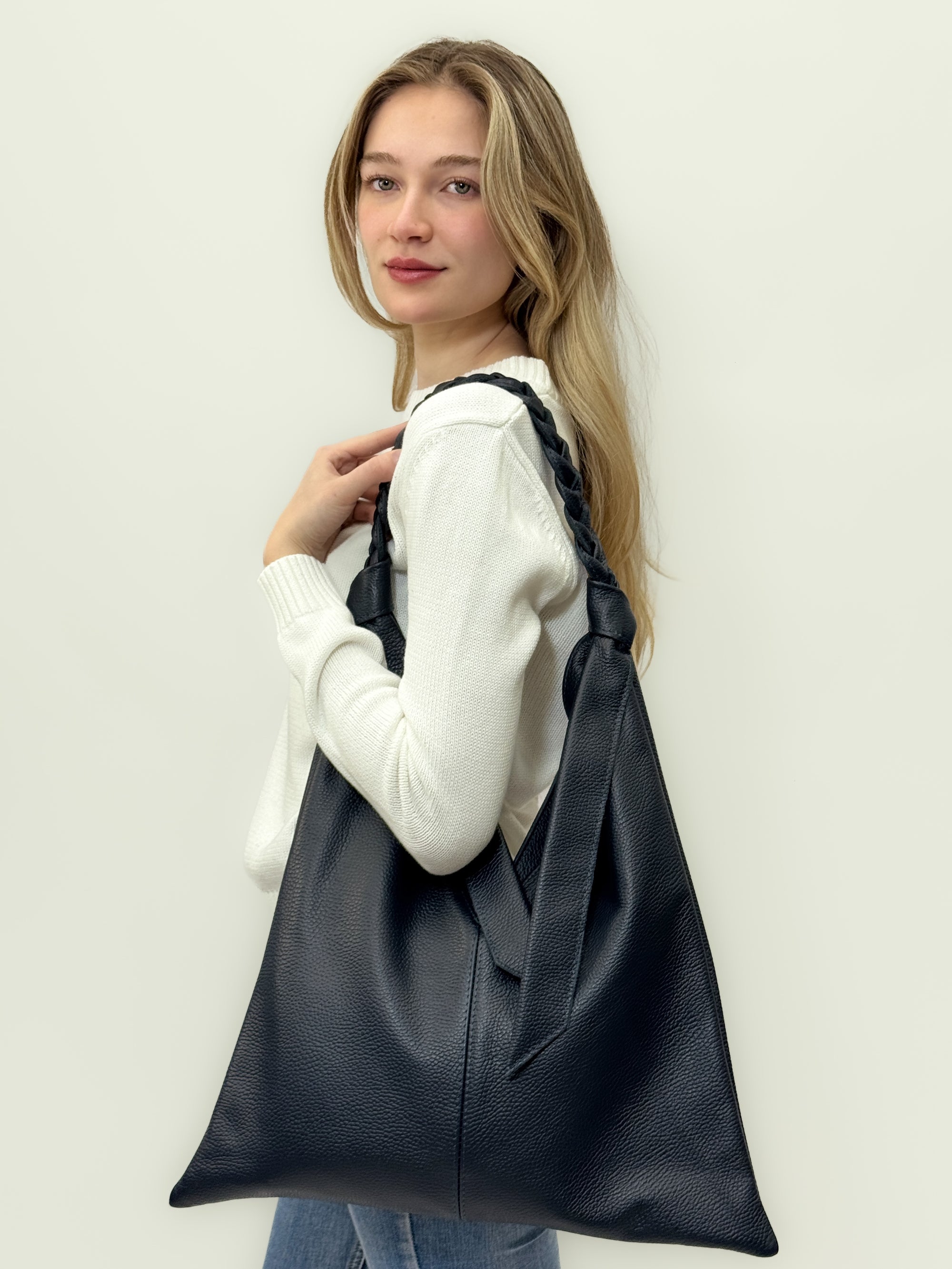 Borsa shopper in vera pelle con zip e manico intrecciato - Made in Italy