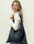 Borsa shopper in vera pelle con zip e manico intrecciato - Made in Italy