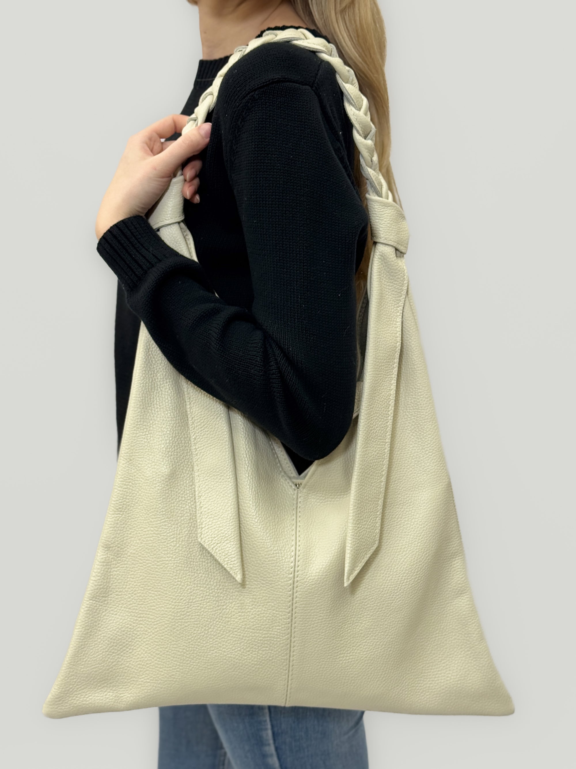 Borsa shopper in vera pelle con zip e manico intrecciato - Made in Italy